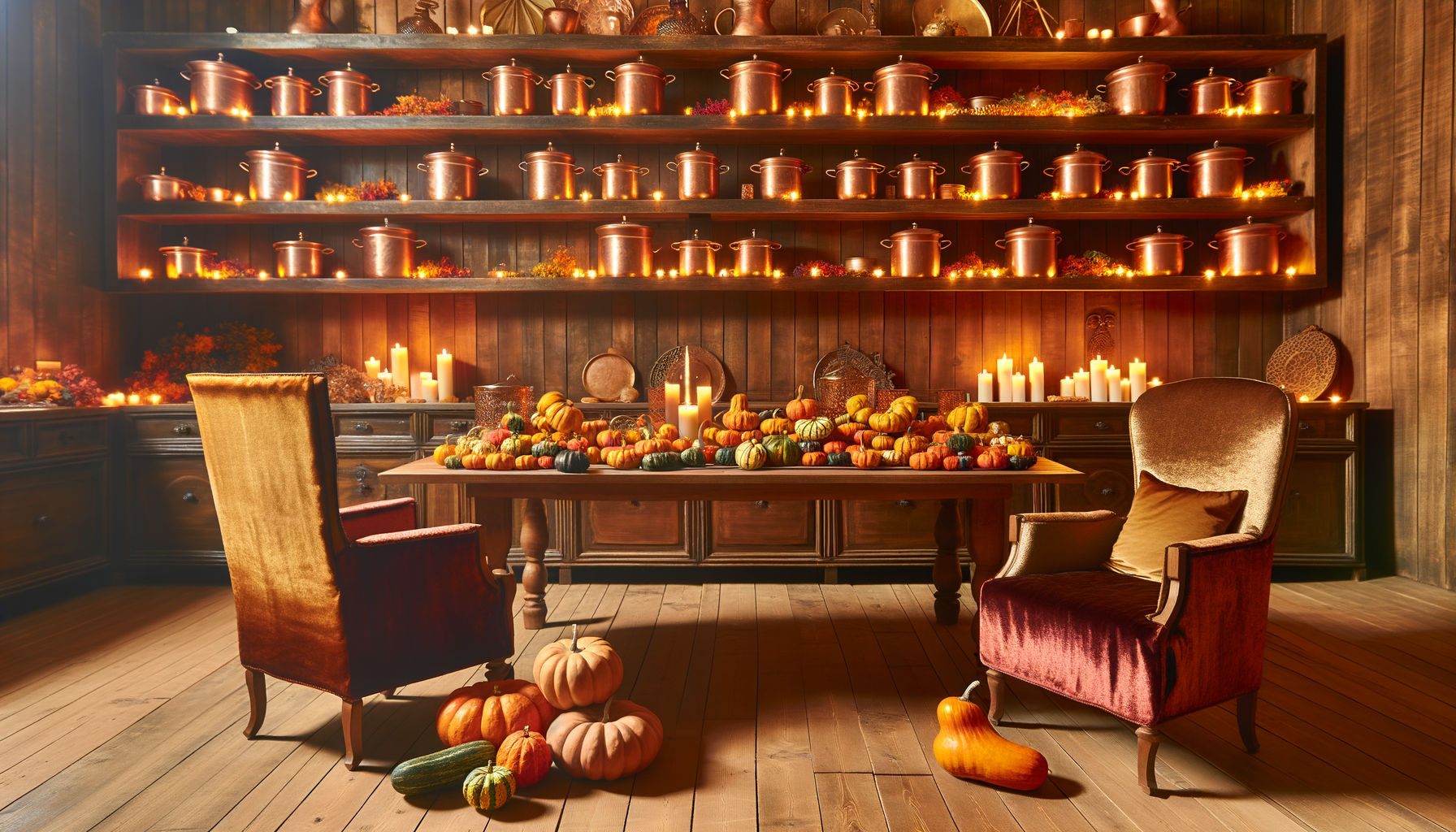 Cozy fall kitchen with rustic decor, autumn vegetables, and warm textiles.