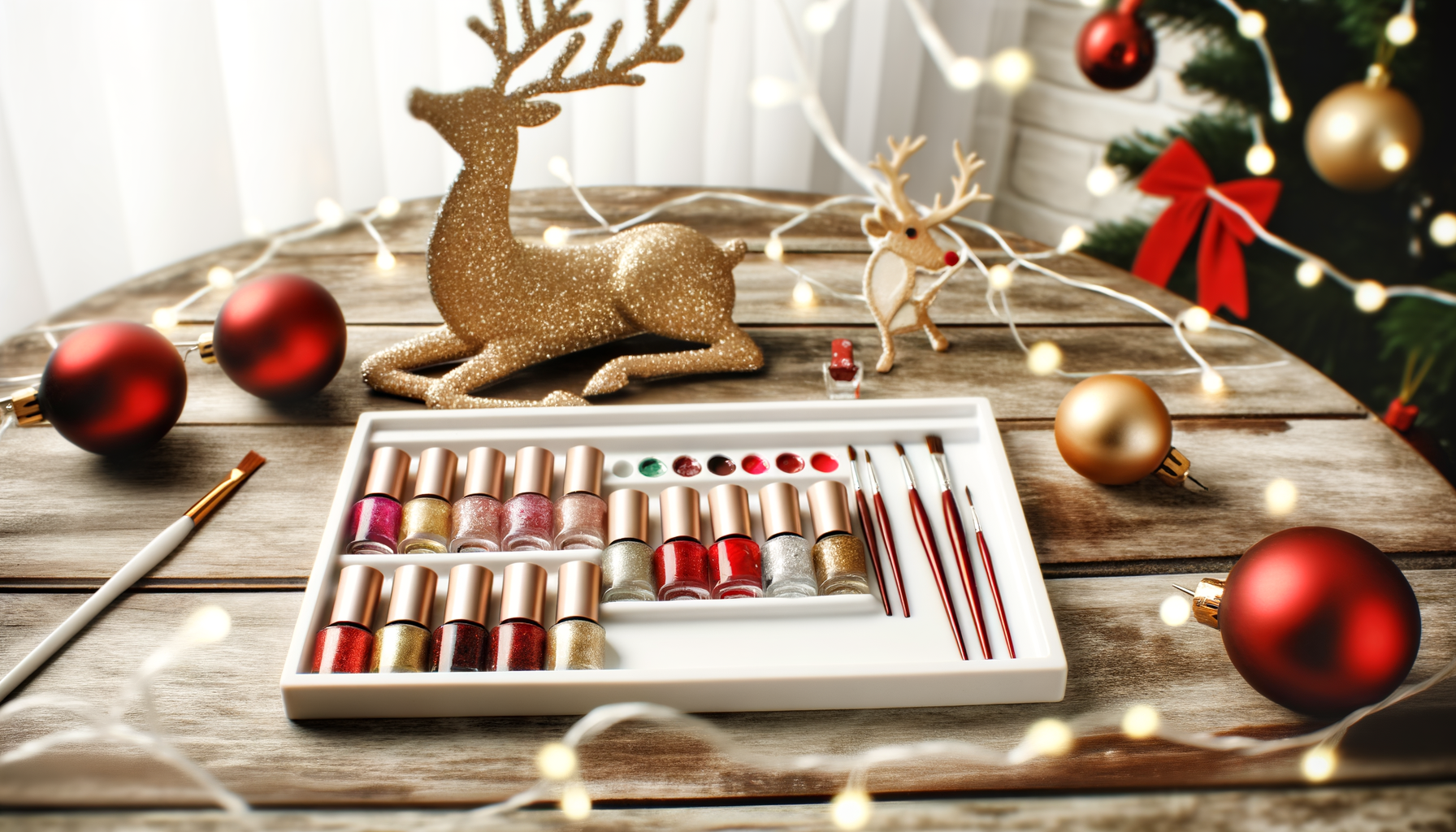 Festive reindeer nail art workstation with shimmering polishes, brushes, and holiday decor.
