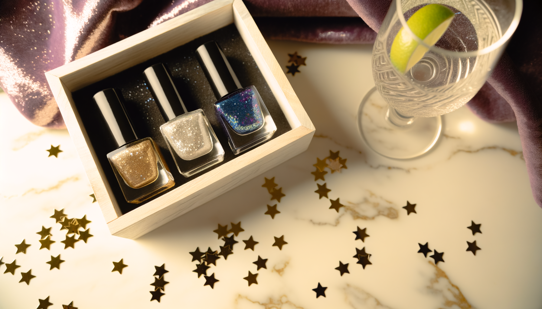 Festive & luxurious nail art station with glittery metallic polish for New Year's Eve.