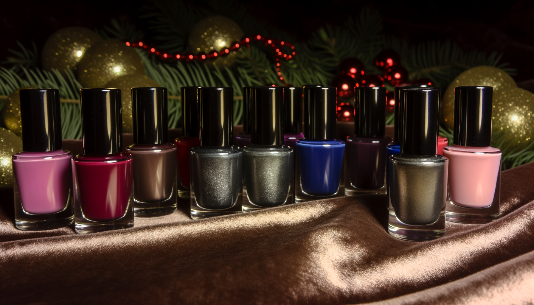 Shimmering metallic nail polish gift set on festive background for holiday DIY nail art.