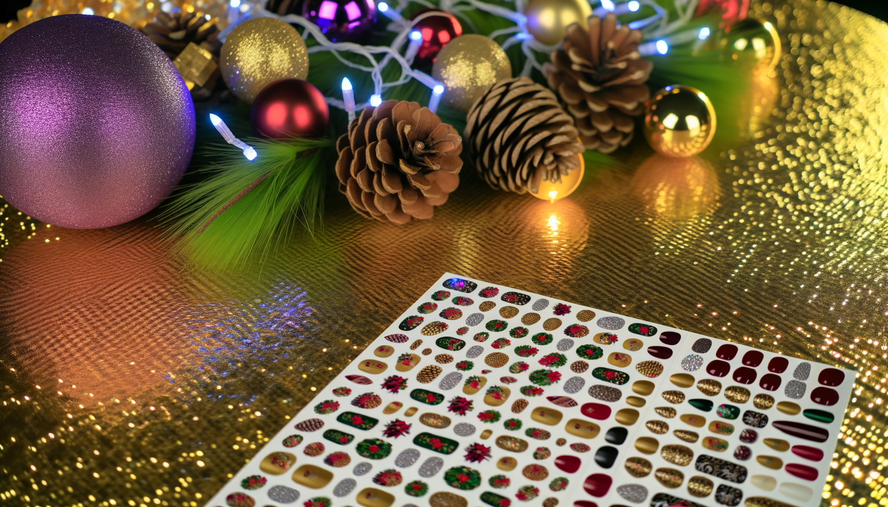 Holiday-themed nail stickers on a festive table with decorations, adding sparkle.