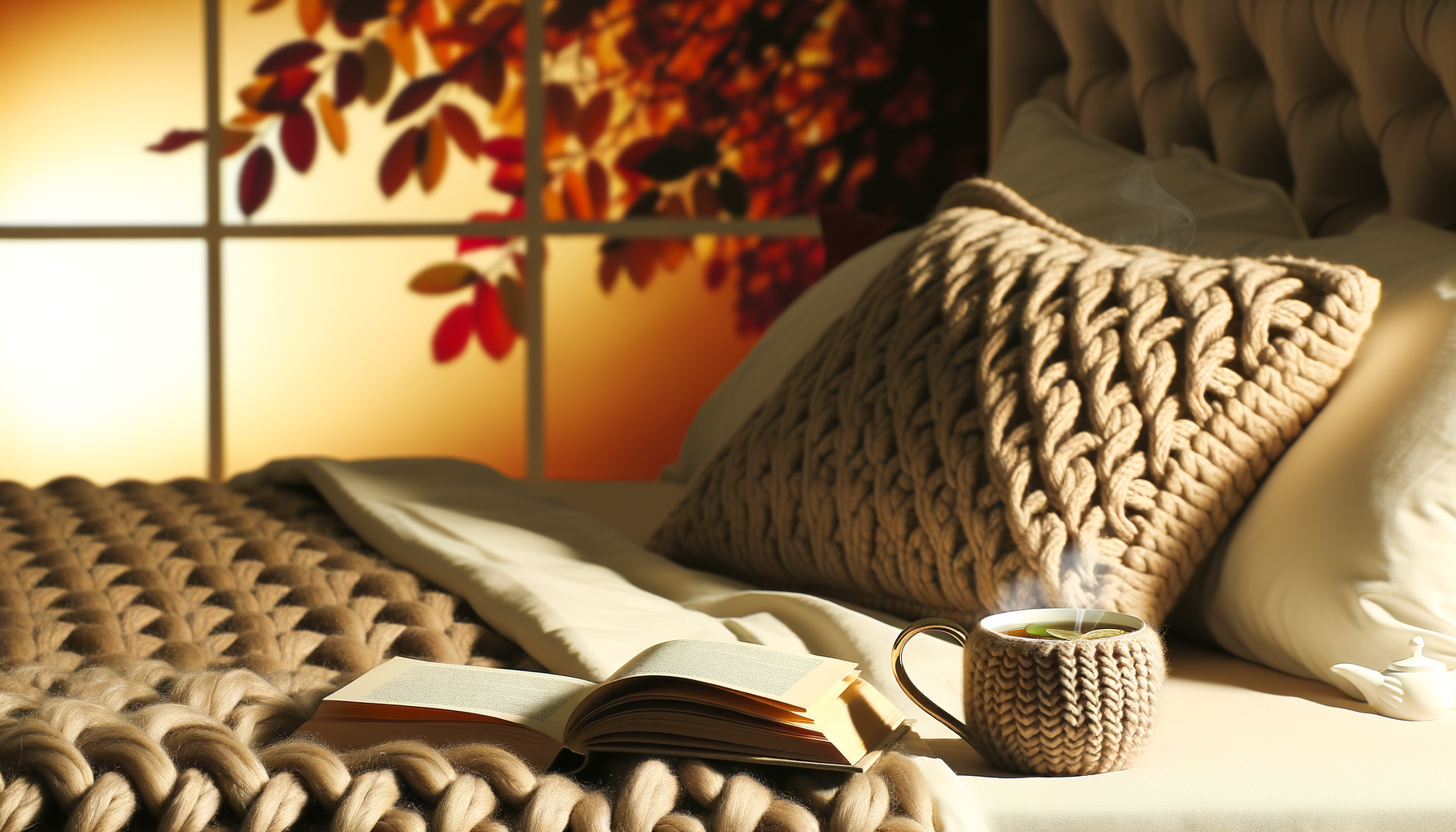 Cozy fall evening bedroom retreat: soft lighting, tea, book, autumn leaves outside. Bedtime routine.