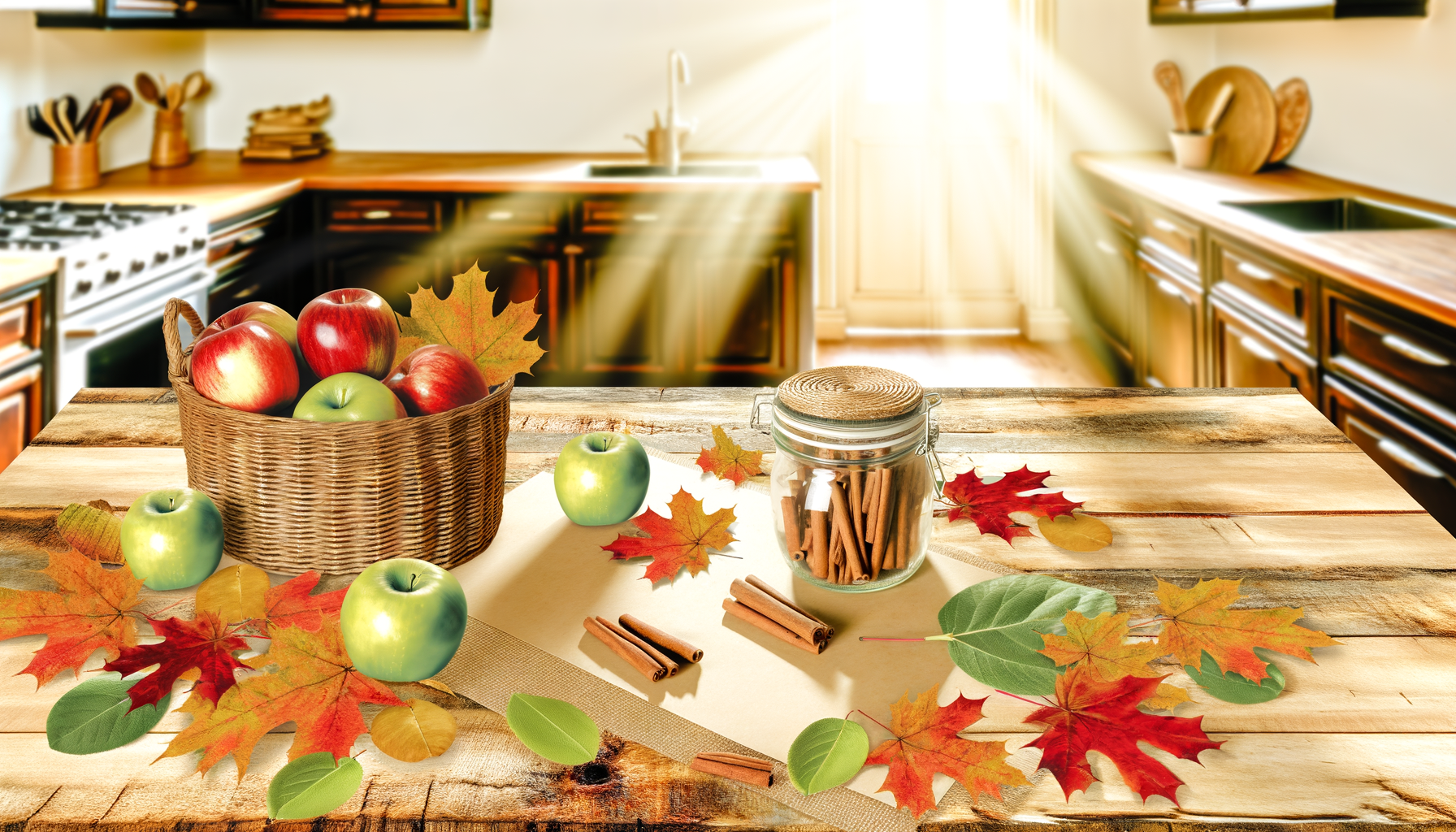 Cozy fall kitchen scene with apples, leaves, and recipe cards for autumn bucket list.