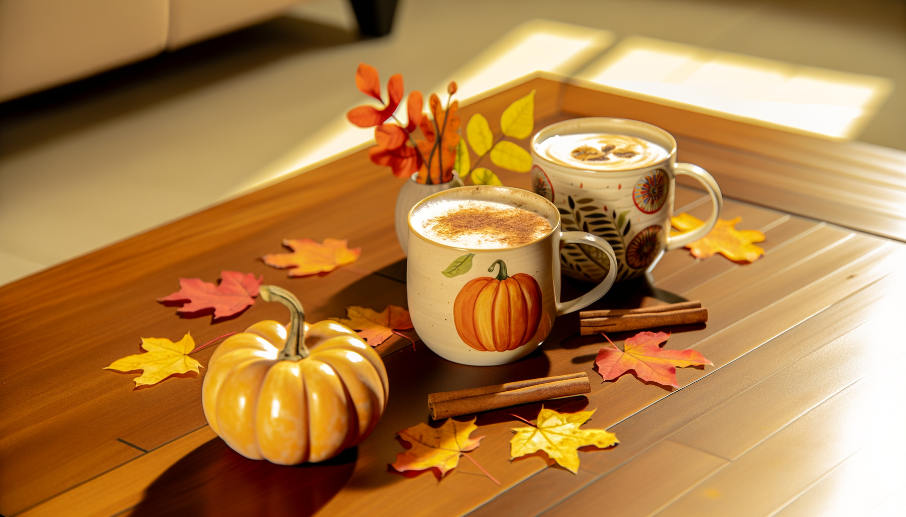 Cozy autumn-themed coffee table with pumpkin spice lattes, pumpkins, and cinnamon sticks.