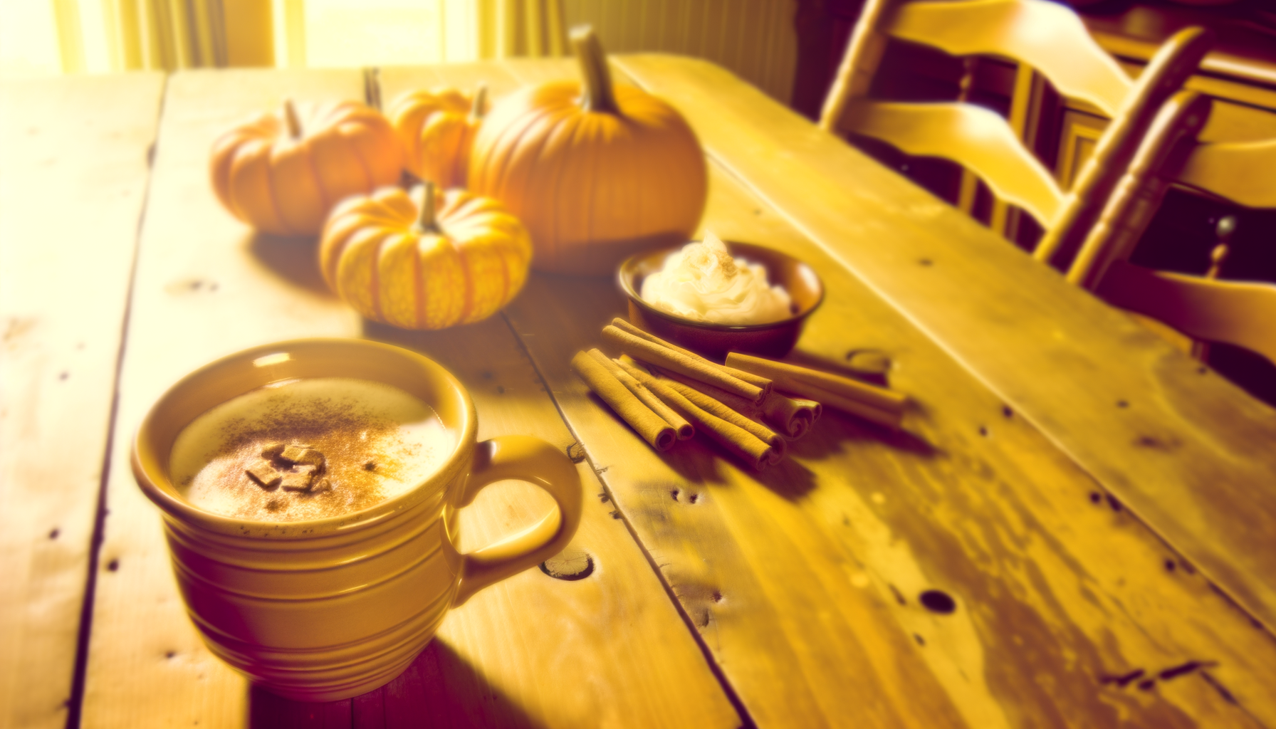 Homemade pumpkin spice latte with cinnamon sticks, whipped cream, and cozy fall atmosphere.
