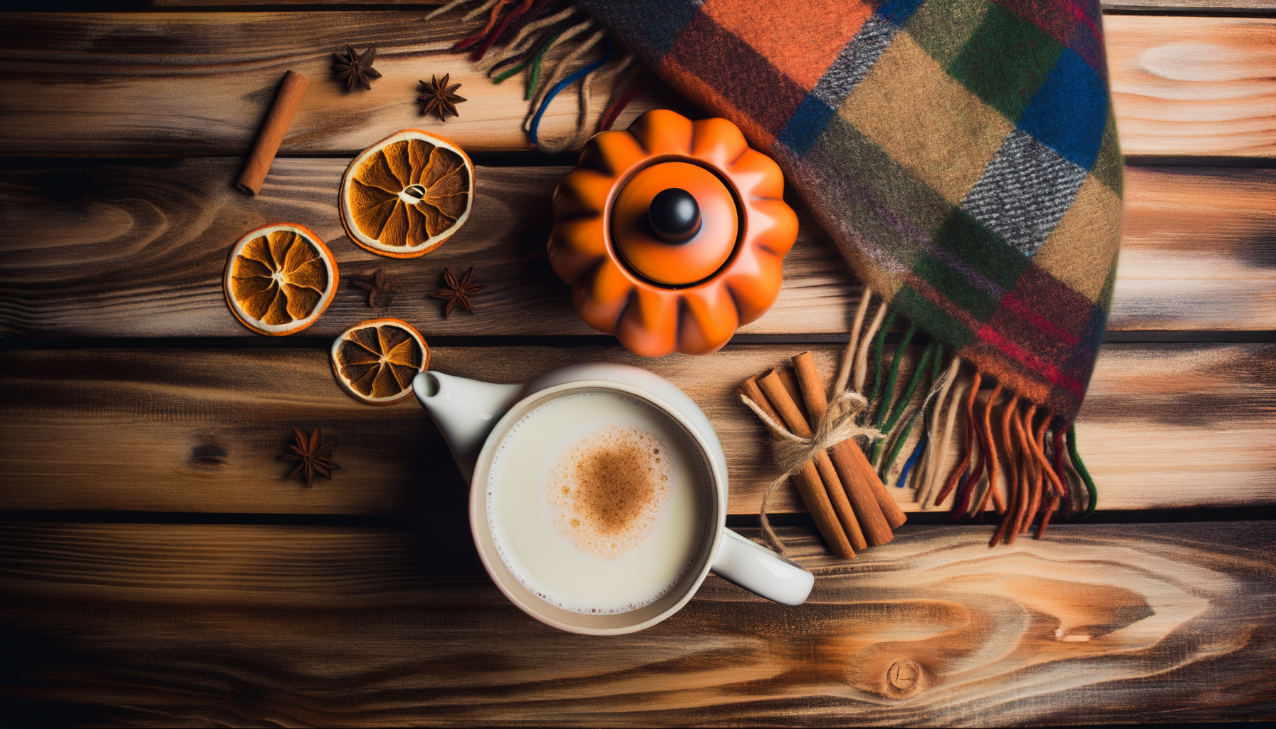 Pumpkin spice alternatives themed hot beverages, spices, teapots, and scarfs for fall coziness.
