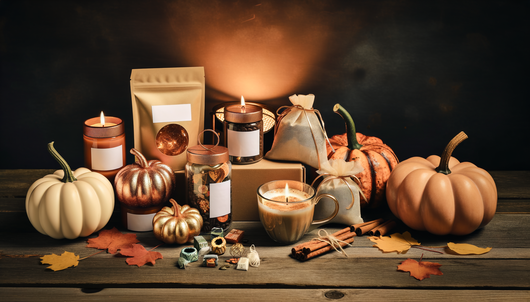 2025 pumpkin spice products flat lay on rustic wooden table.