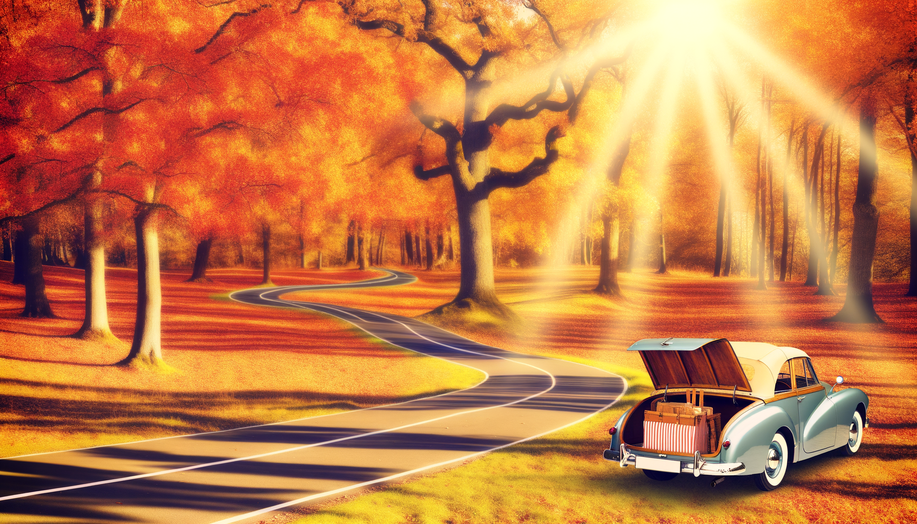Autumn road trips with vibrant fall foliage, classic car, cozy blankets, vintage picnic set.