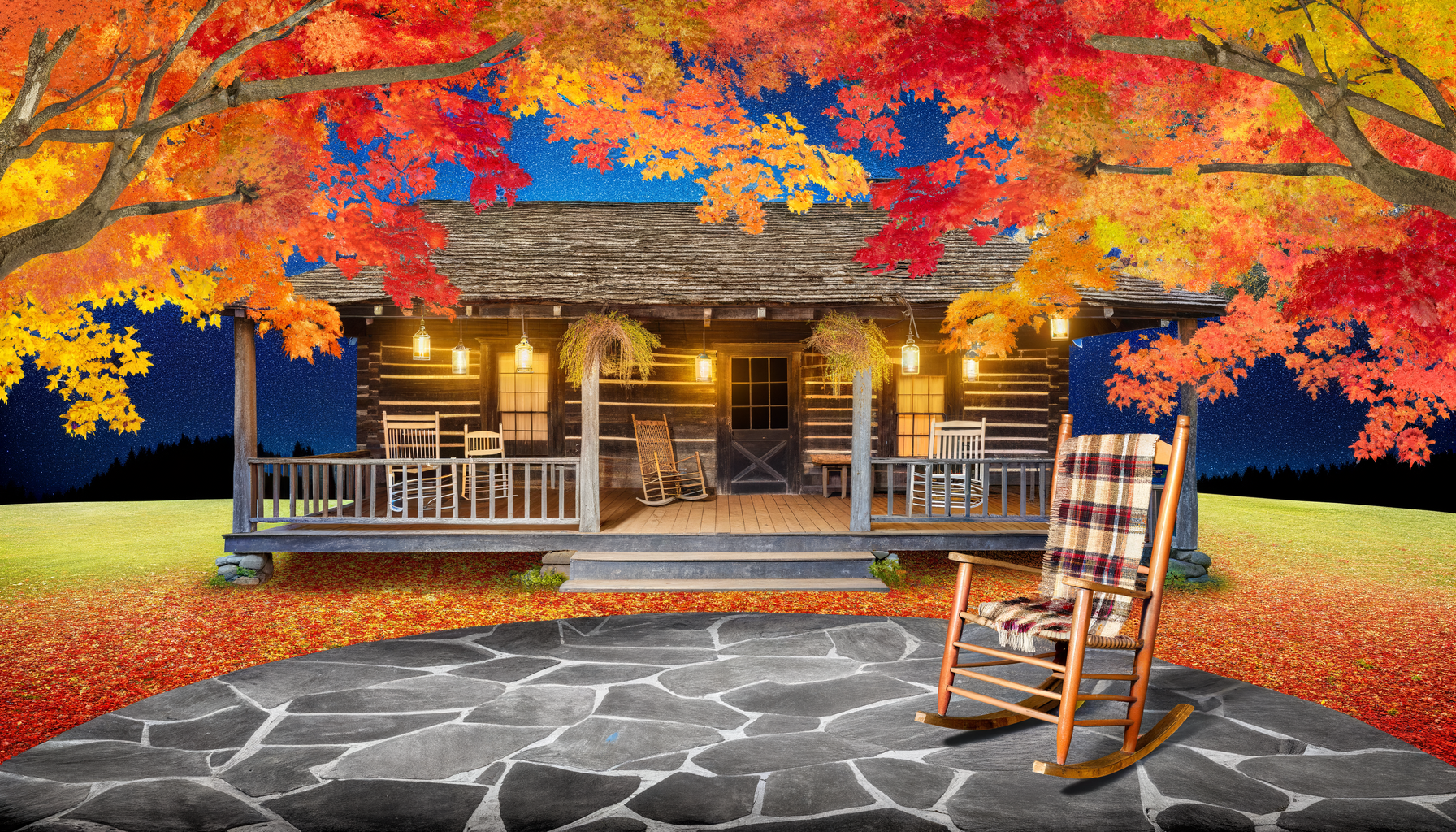 Cozy wooden cabin nestled among autumn leaves, ideal fall getaway setting. Weekend Getaways.