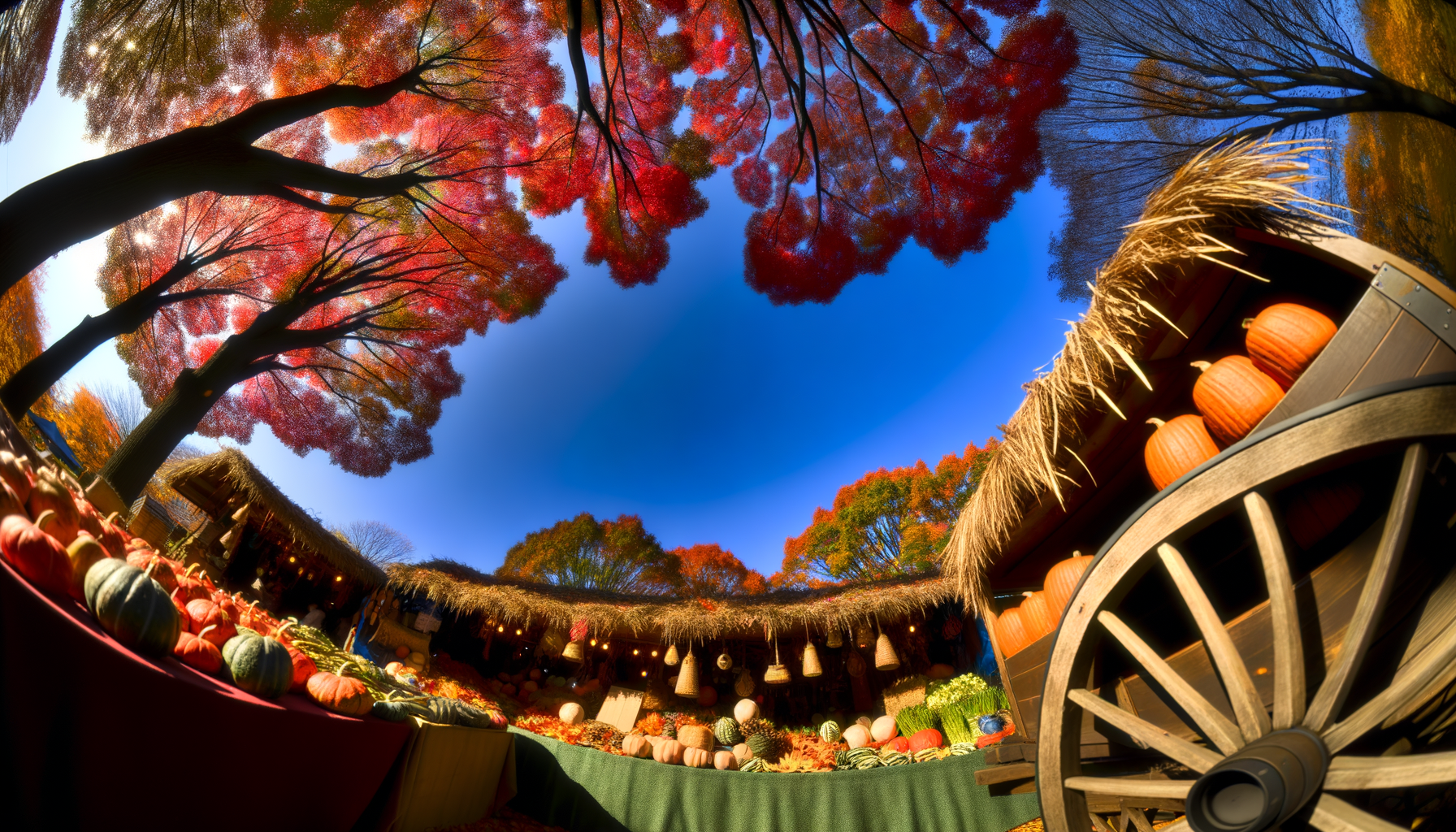 Bustling autumn festival scene with vibrant foliage and market stalls.