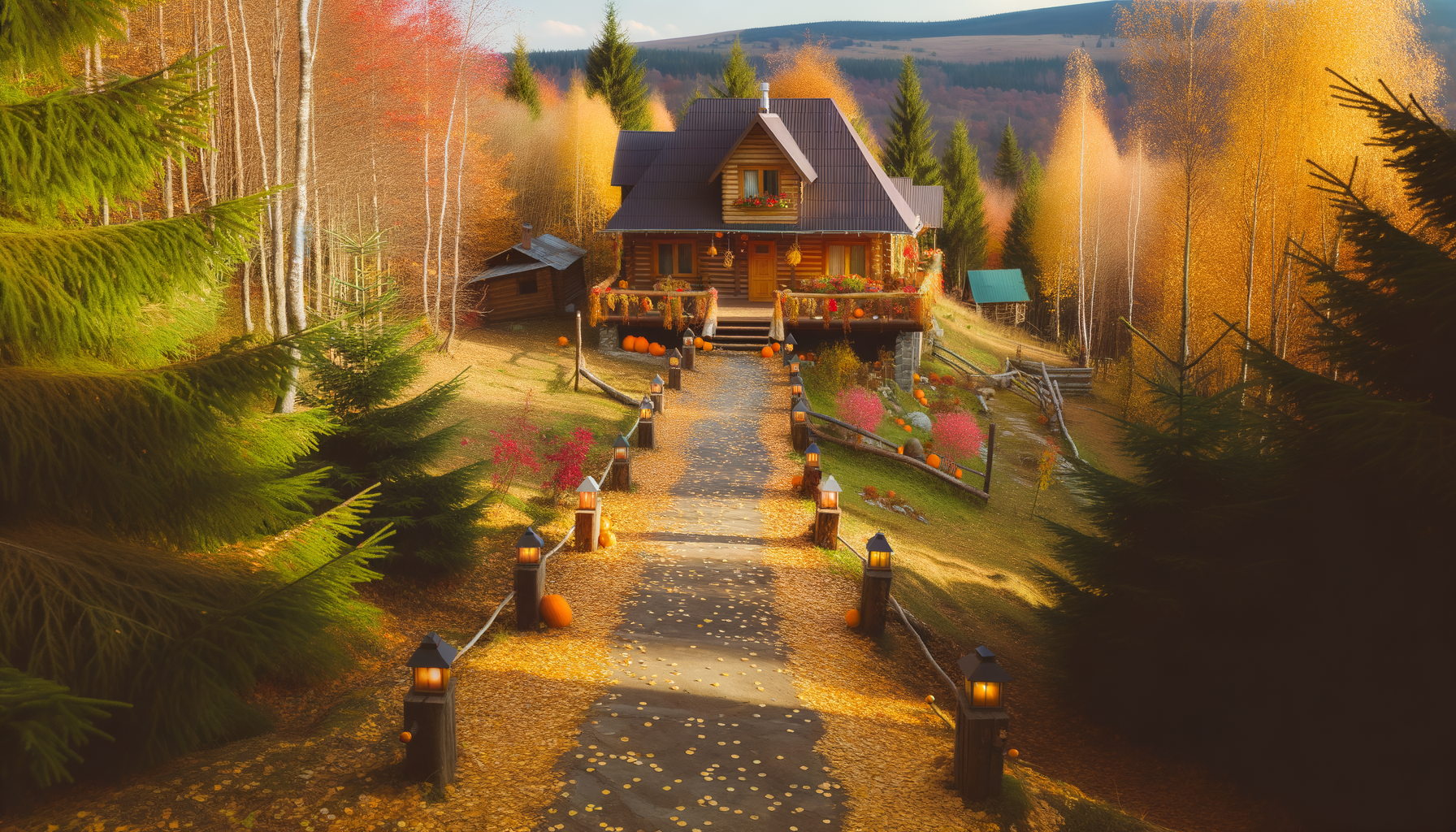 Cozy cabin in autumn forest, perfect affordable fall getaway inspiration.Travel ideas.