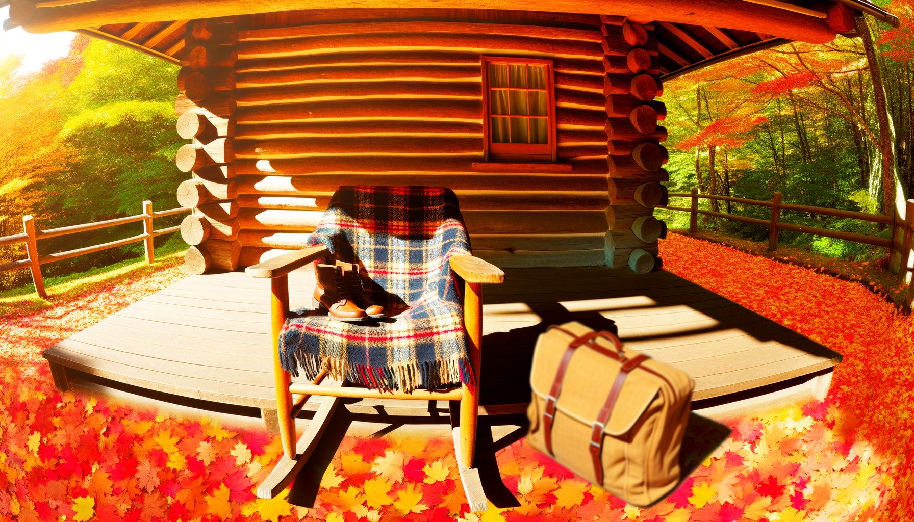 Cozy fall travel packing checklist with rustic cabin porch and autumn leaves.