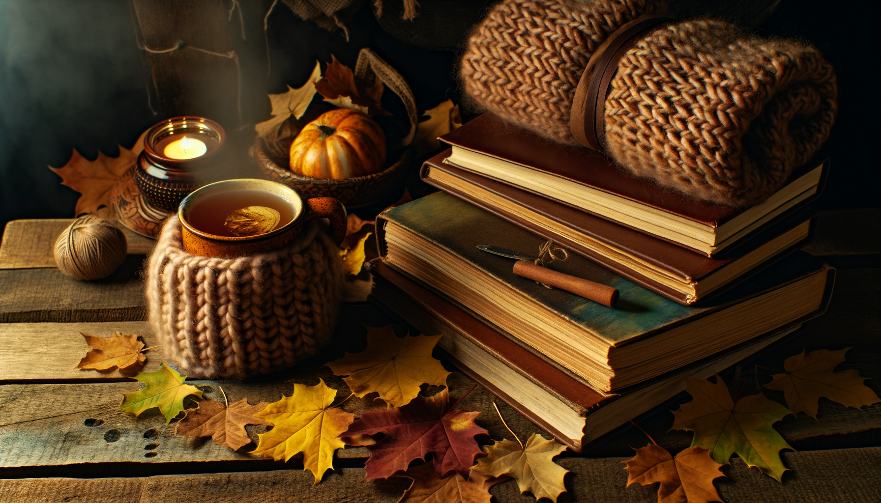 Cozy autumn flat lay with blankets, cider, candles, and journals for self-care tips.