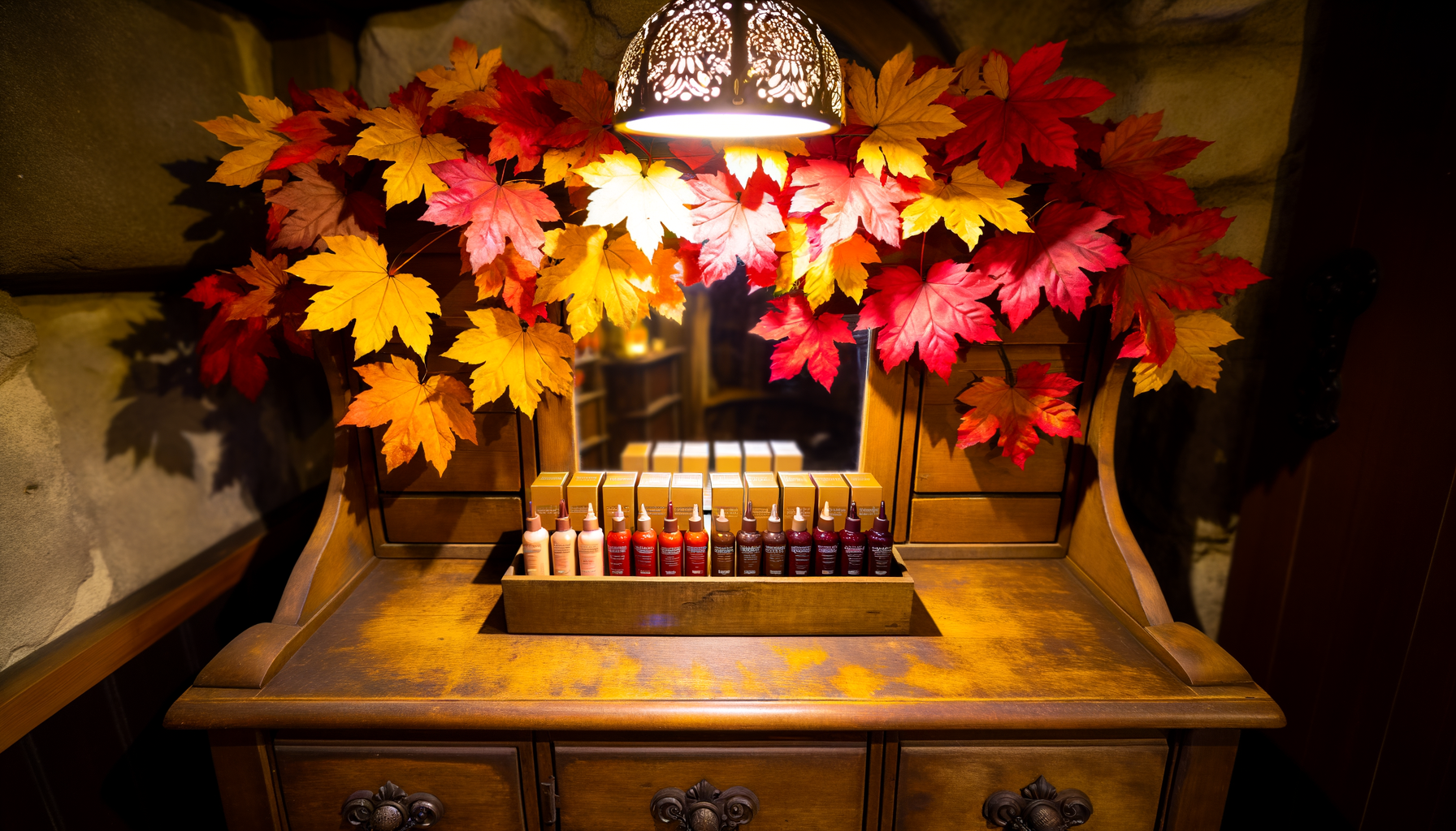 Autumn hair color trends dye kits in rich copper, auburn, and chestnut shades.