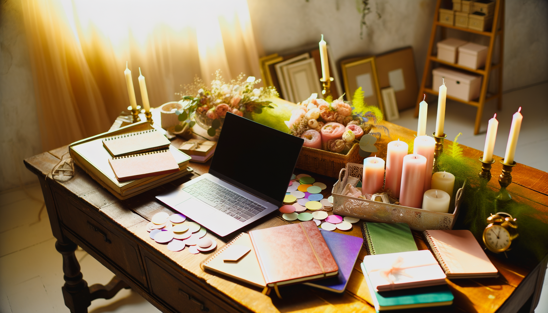 Vintage wedding plans workspace with eco-friendly materials in warm sunlight.