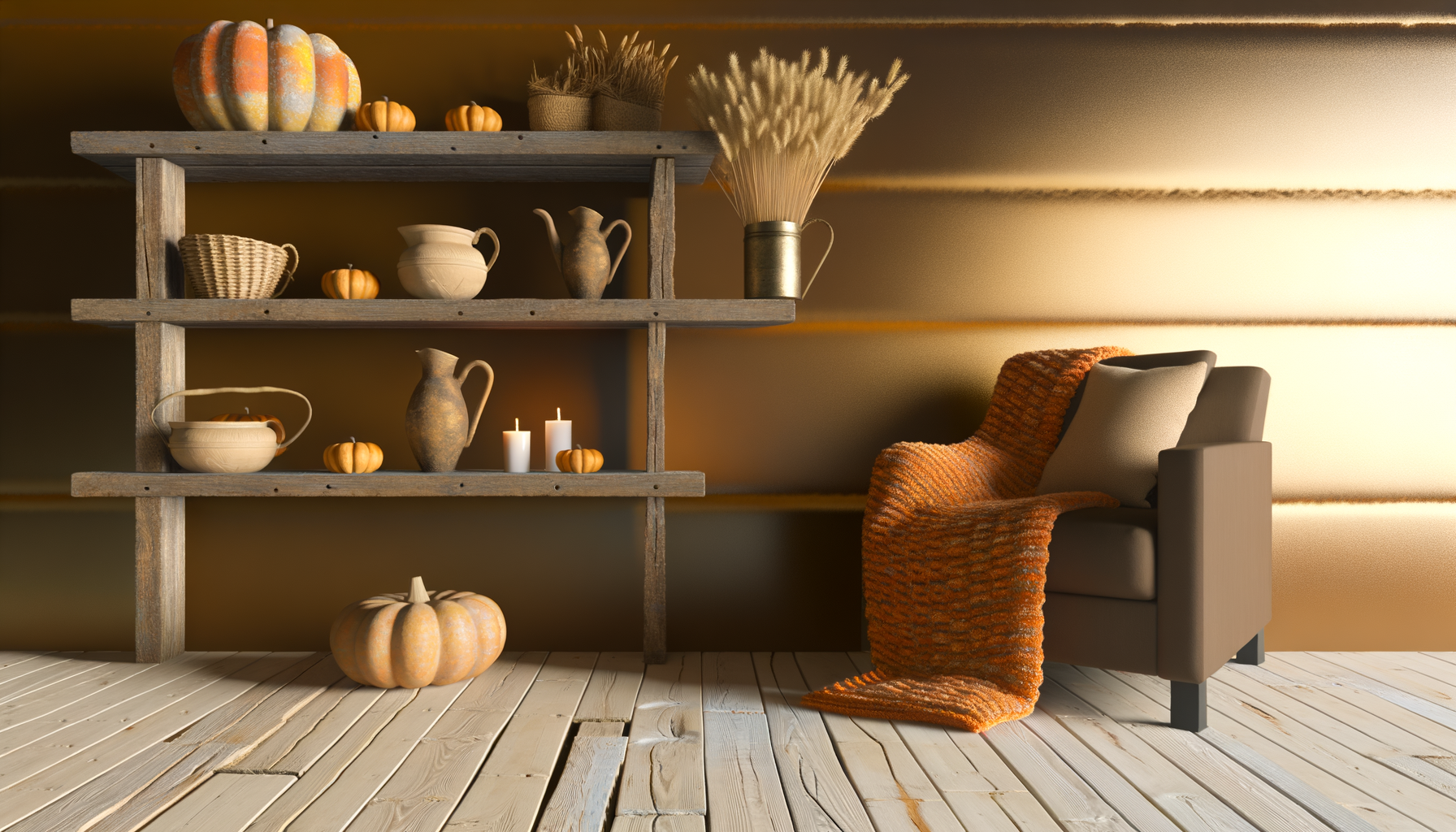 Cozy fall living room vignette with handcrafted pottery, pumpkin candles, and warm lighting.