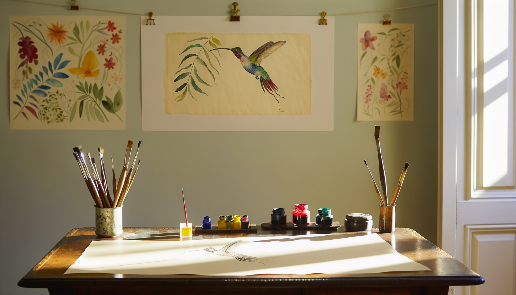 Artist studio with hummingbird tattoo sketch, ink pots, brushes. Great inspiration for body art.