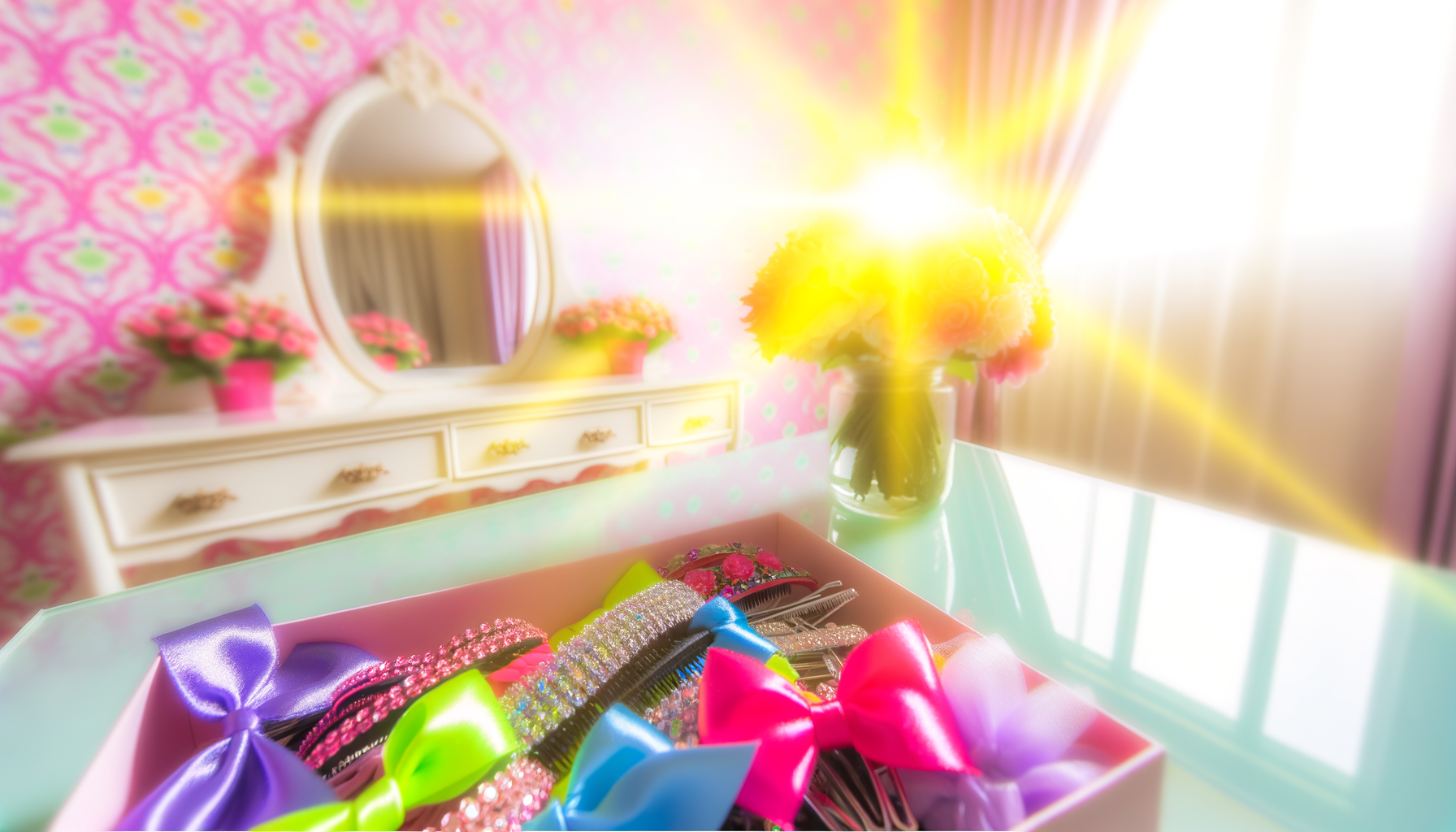 Colorful hair accessories on vanity table in sunlit room, perfect for cute hairstyles.