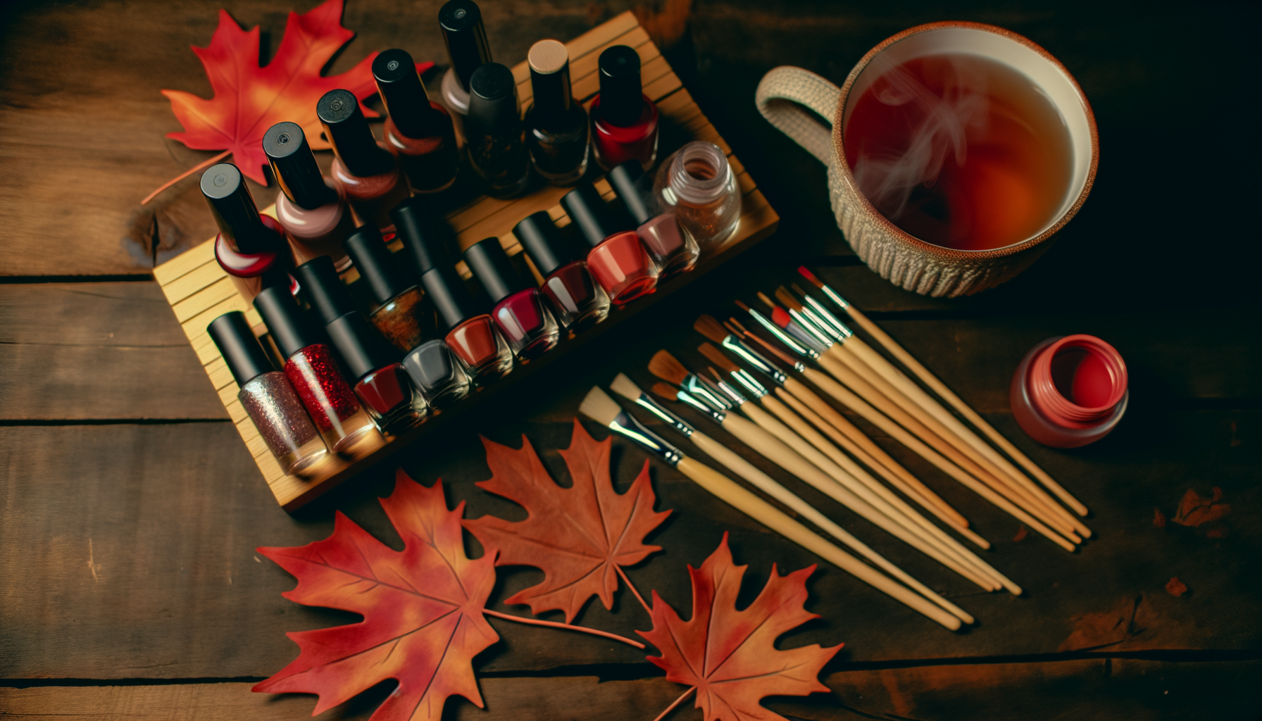Autumn nail art setup with fall-colored polishes, tea, and cozy lighting.