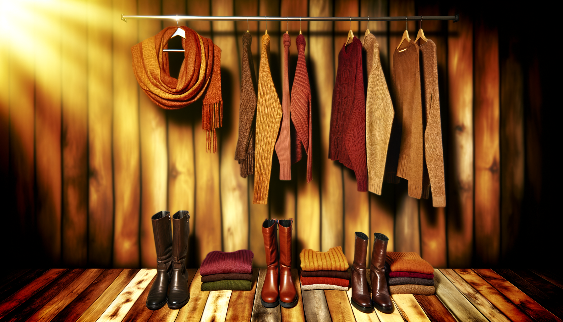 Fall outfits 2025 capsule wardrobe with cozy knit sweaters, scarves, and boots in warm lighting.