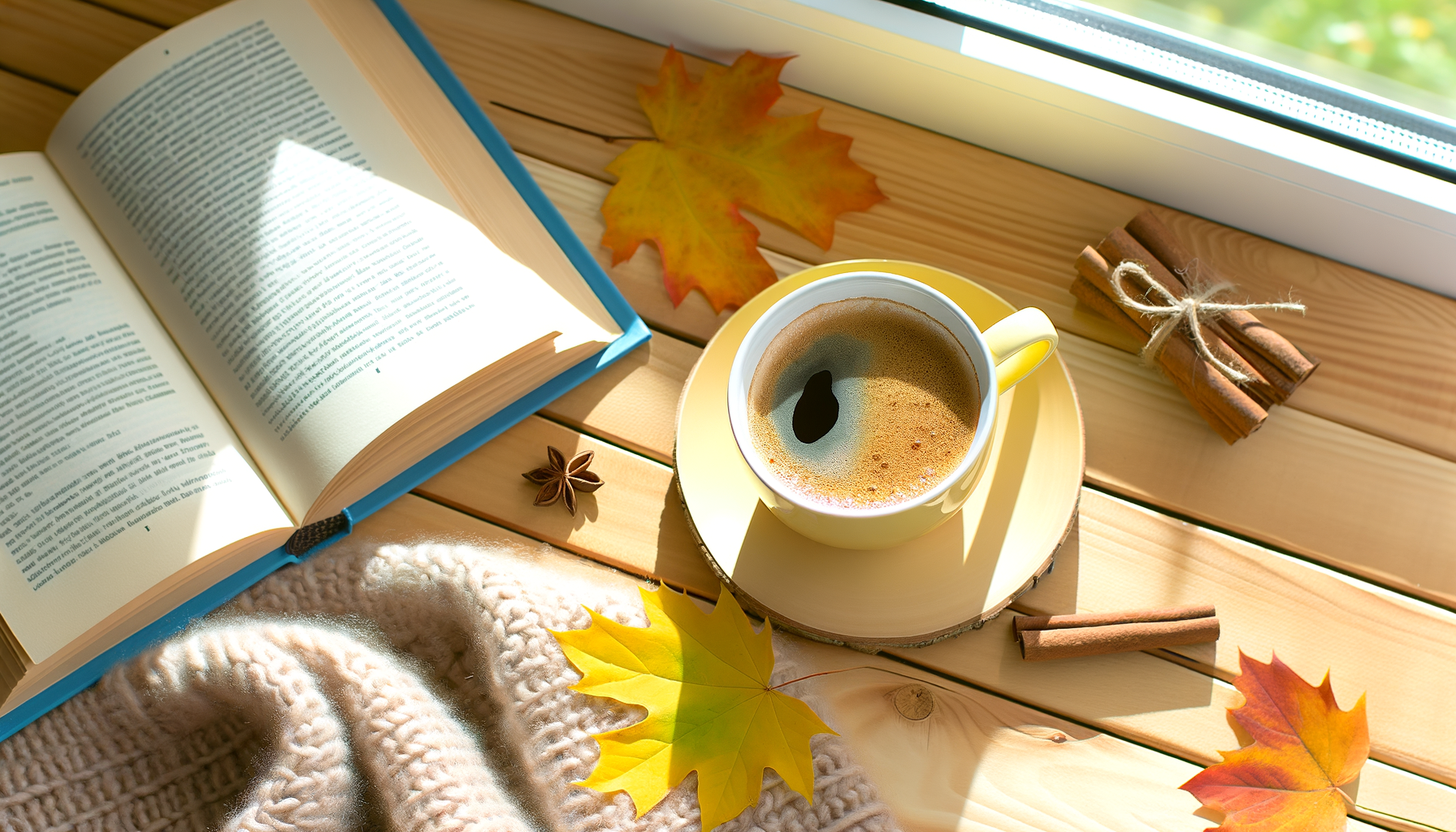 Cozy fall morning rituals with coffee, book, blanket, cinnamon sticks, and autumn leaves.