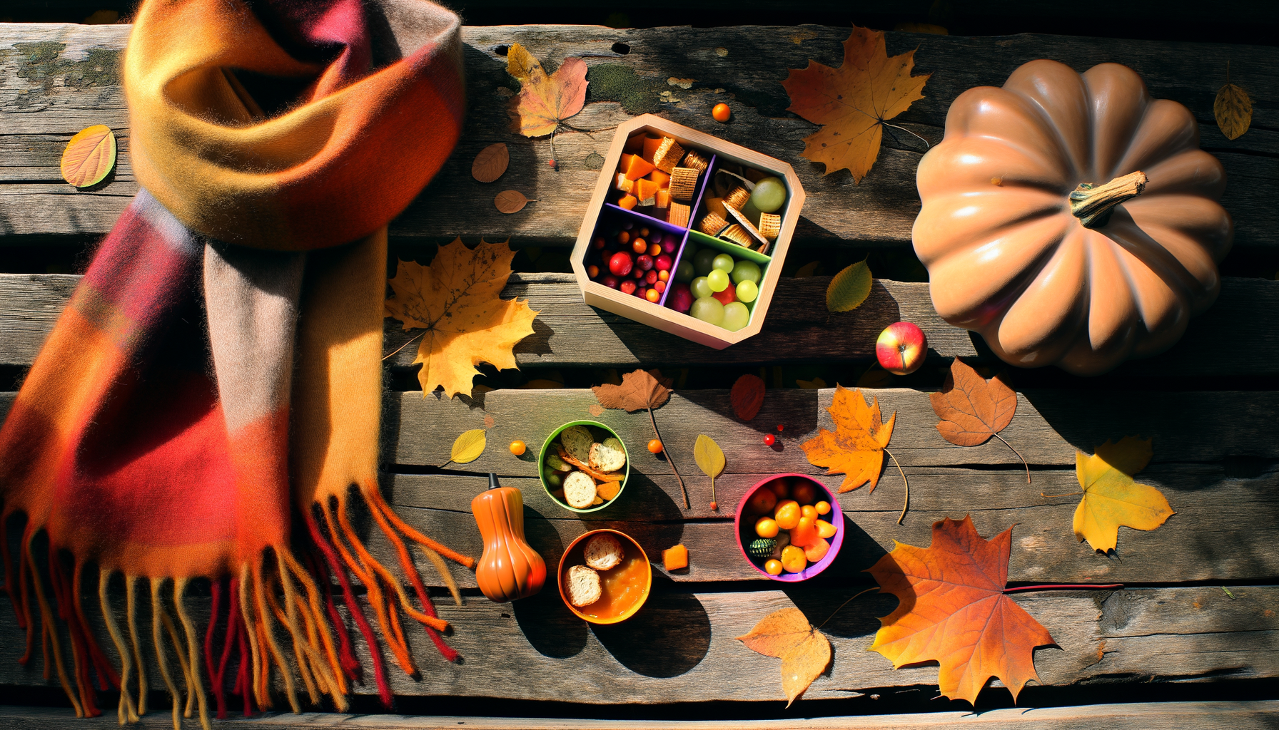 Fall-themed lunchbox scene with leaves, pumpkin snacks, and autumn fruits for kids.