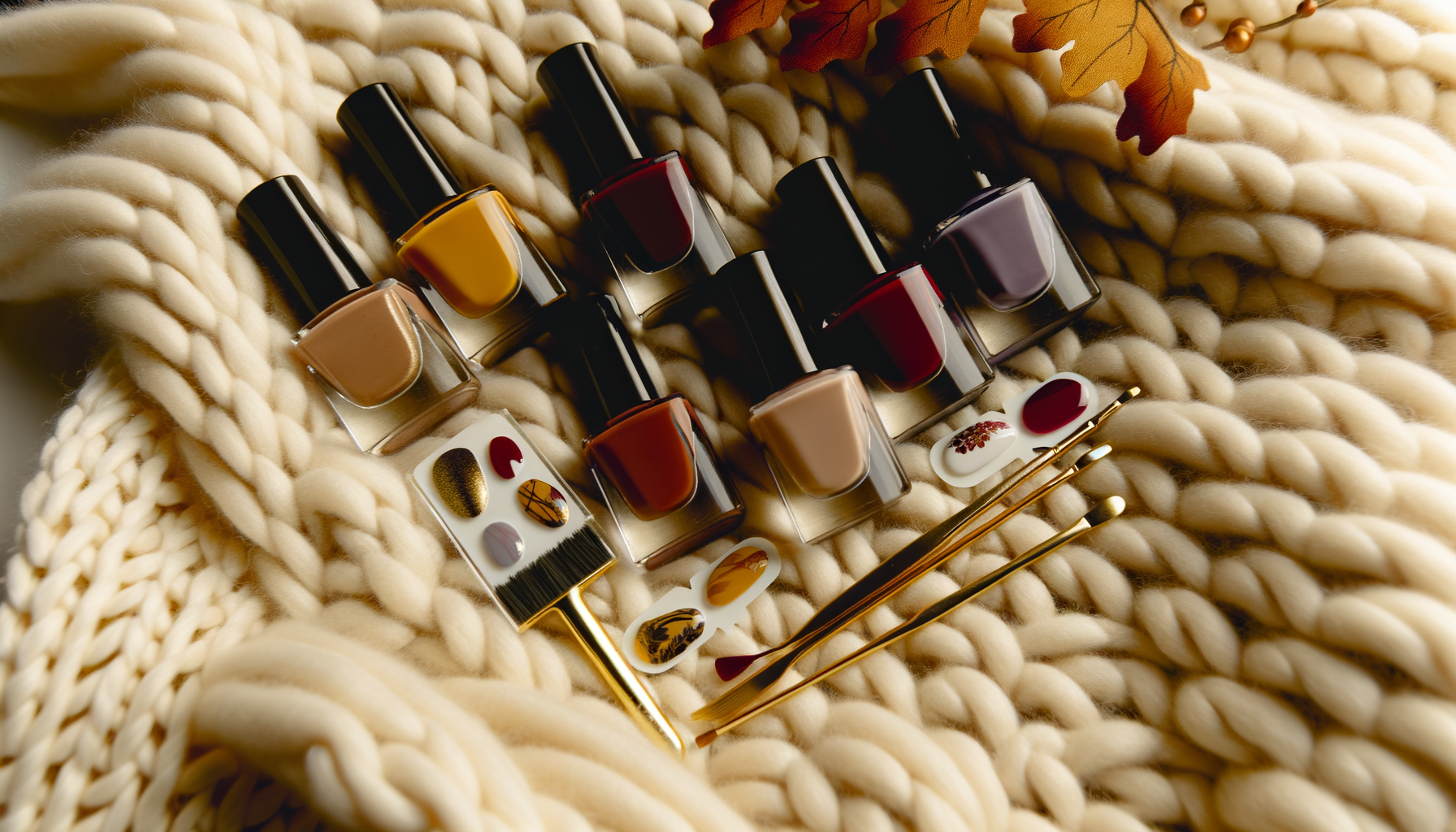 Fall nail art setup with rich hues, abstract decals, and cozy ambiance.