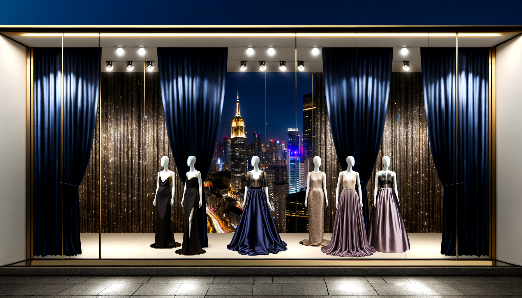 2025 hoco fashion boutique window display with elegant dresses in soft lighting.