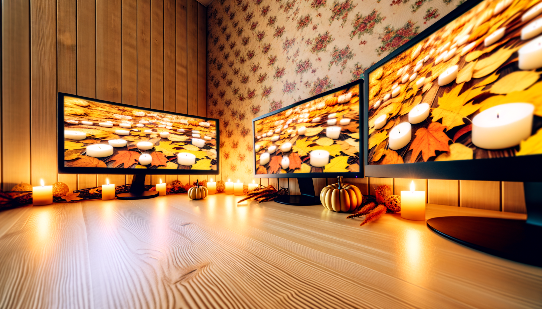Cozy autumn-themed desktop setup with warm lighting and seasonal decorations. Fall wallpaper.