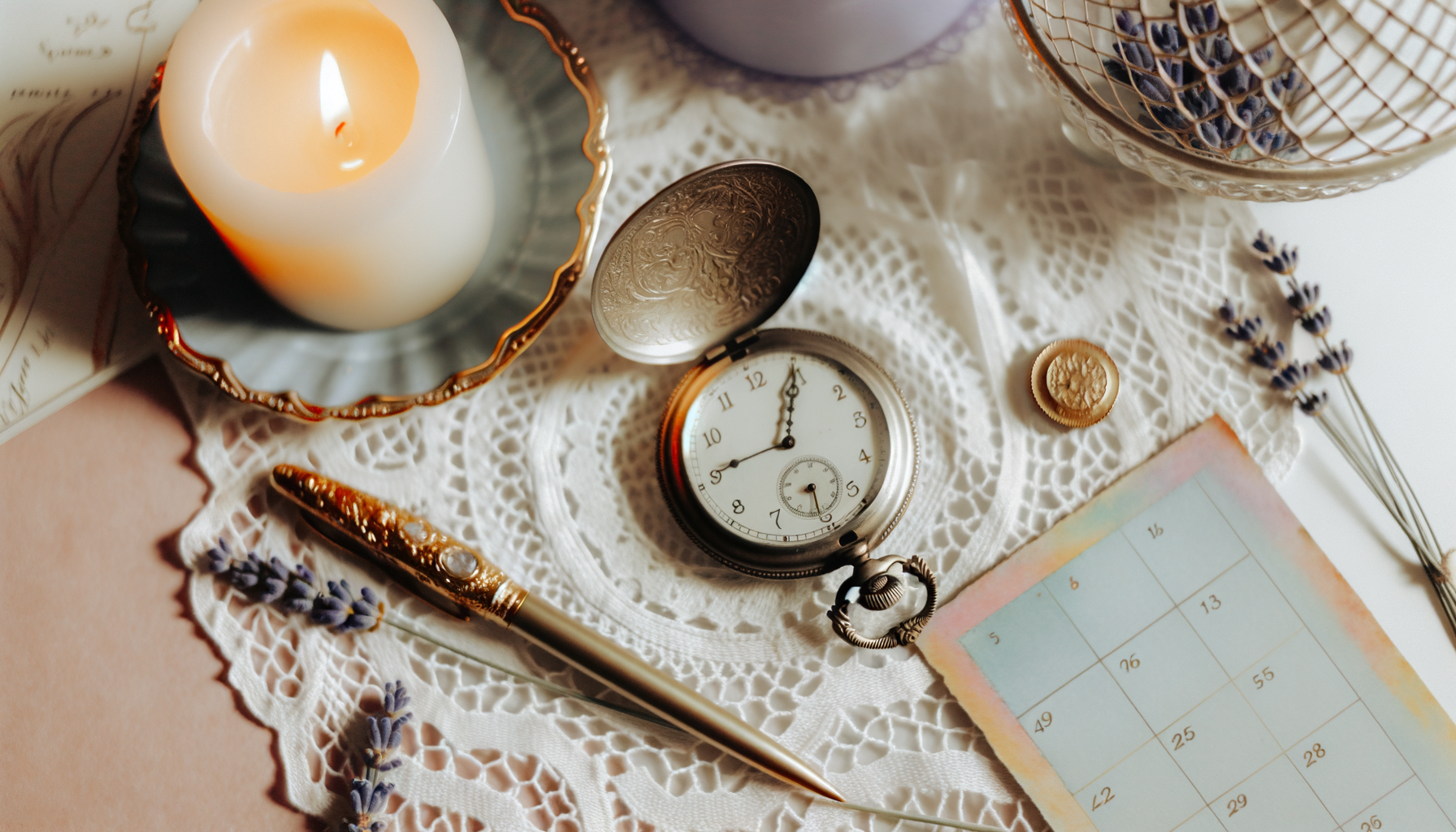 Vintage wedding planning essentials: pocket watch, lace, calendar, gold pen, lavender petals.