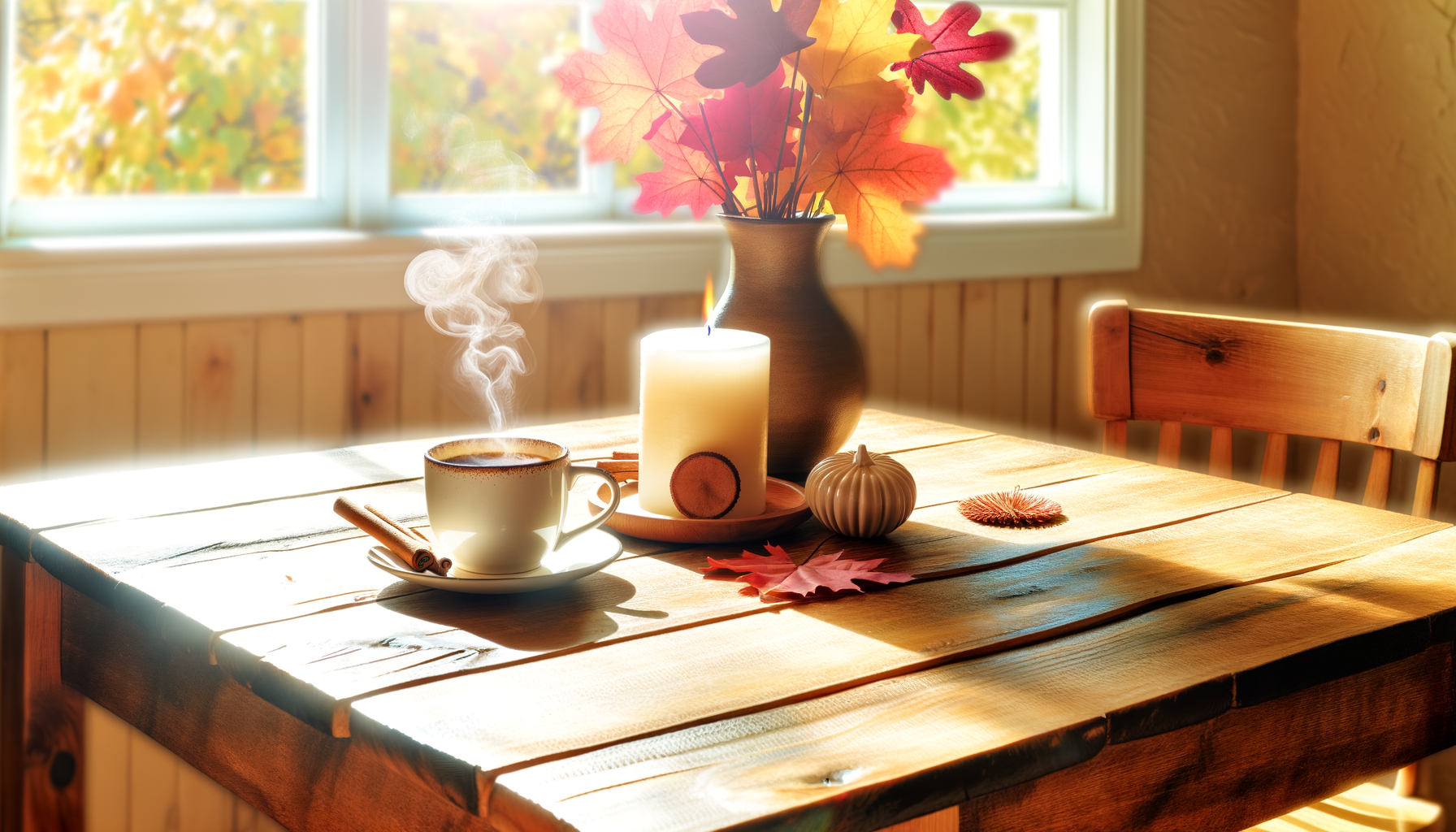 Cozy fall morning routine with spiced coffee, candle, autumn leaves on rustic table.