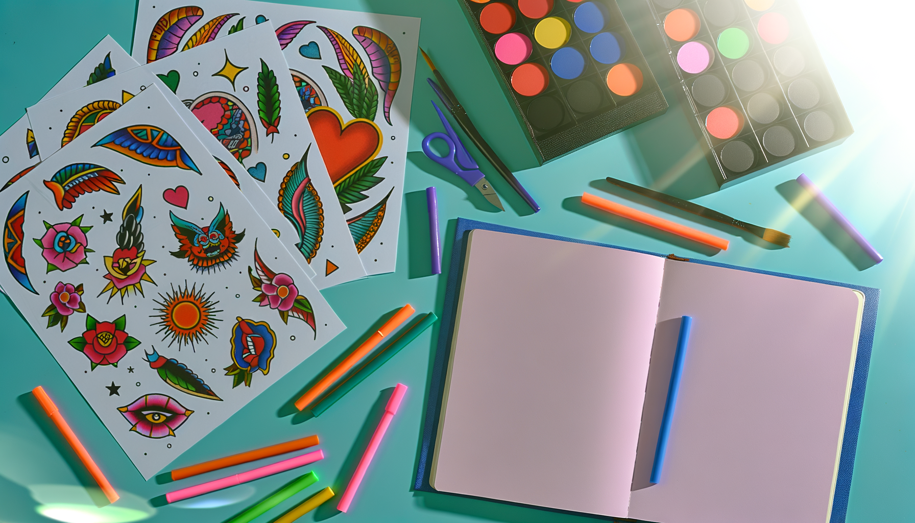 Colorful tattoo flash printables on teal background with art supplies, inspiring creativity.