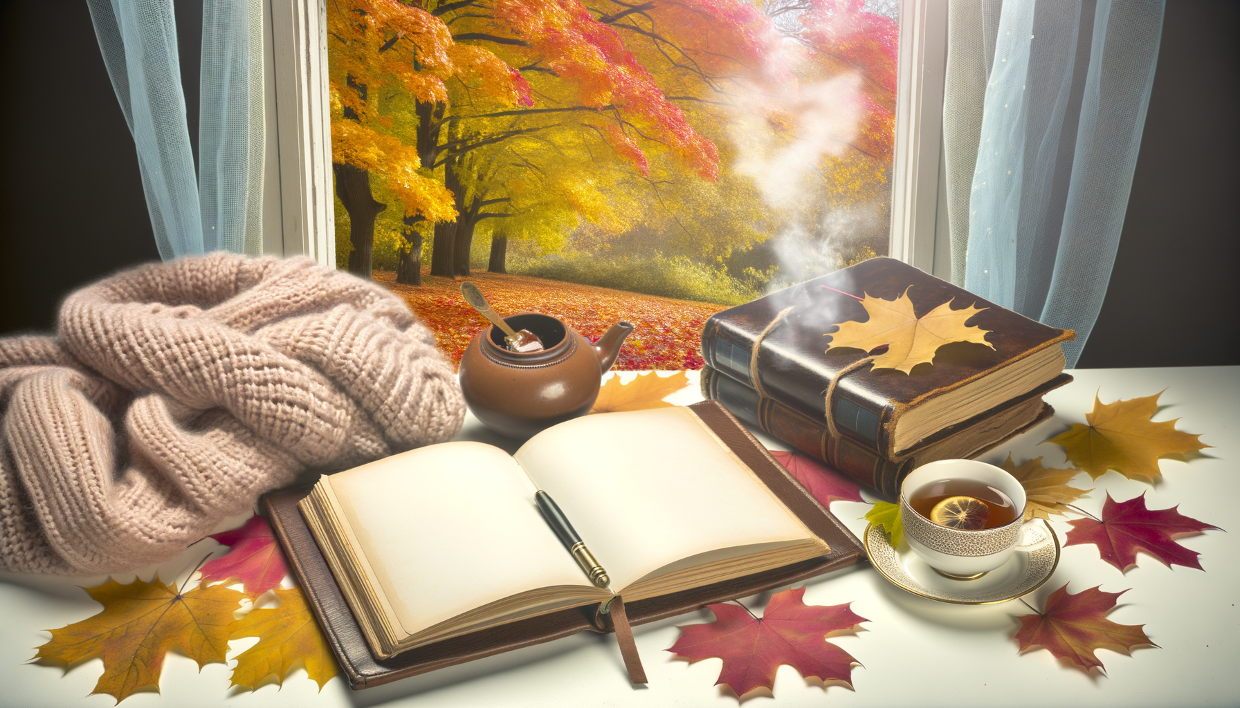 Cozy autumn-themed desk setup with gratitude journal, herbal tea, and knitted blanket.