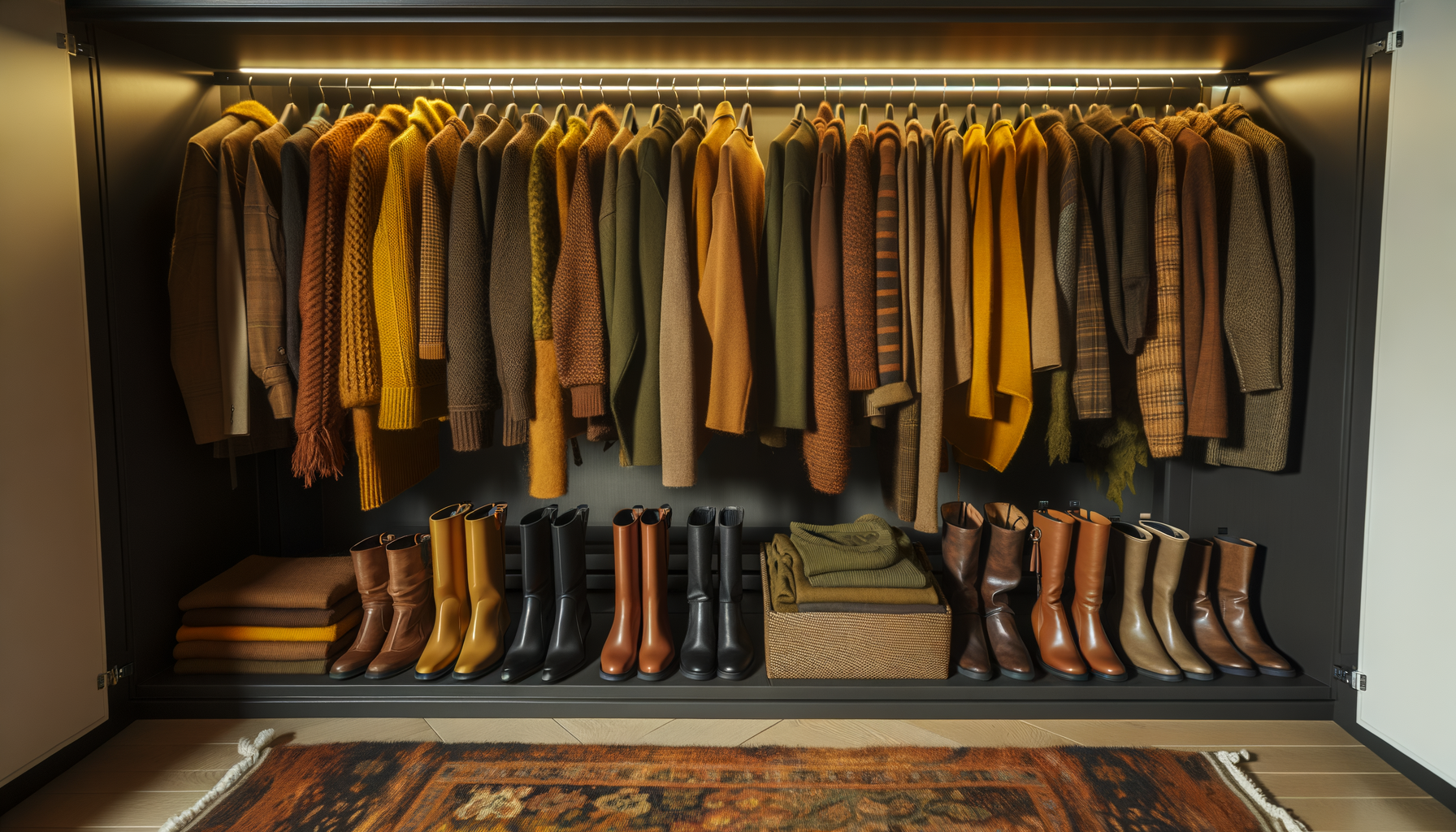 Fall capsule wardrobe in earth tones with cozy textures and stylish accessories.