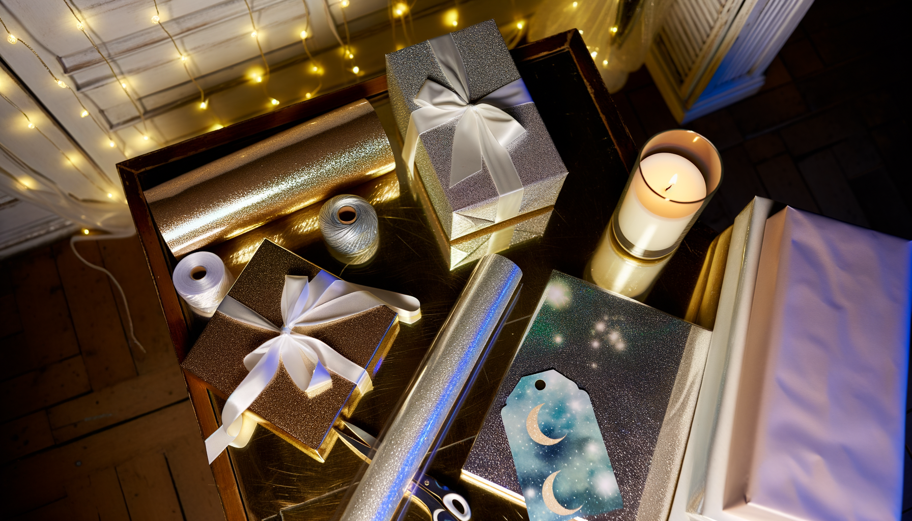 Elegant gift-wrapping station with celestial-themed tags for angel number gifts.