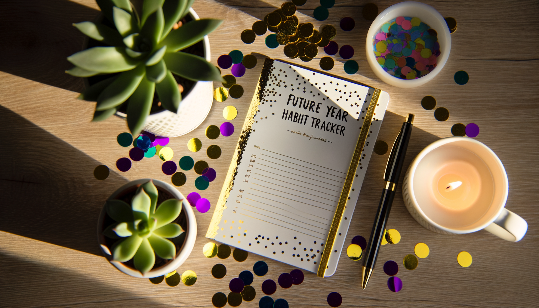 2025 habit tracker with gold foil designs amid confetti and succulents.