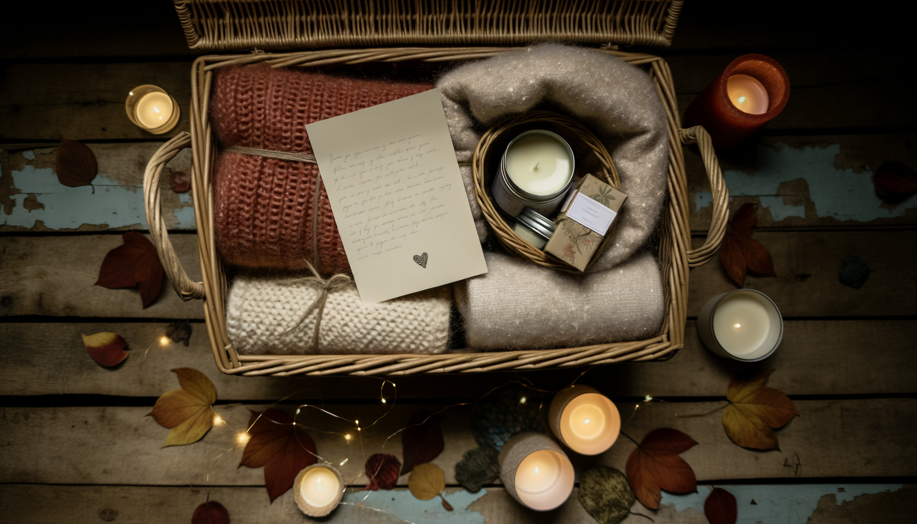 Cozy autumn-themed gift basket ideas with blankets, candles, teas, and handwritten note.