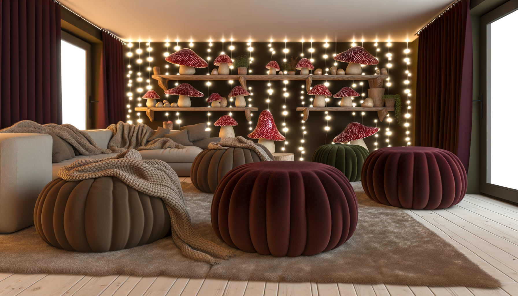 Cozy living room with mushroom core decor, adding whimsical charm to home design.