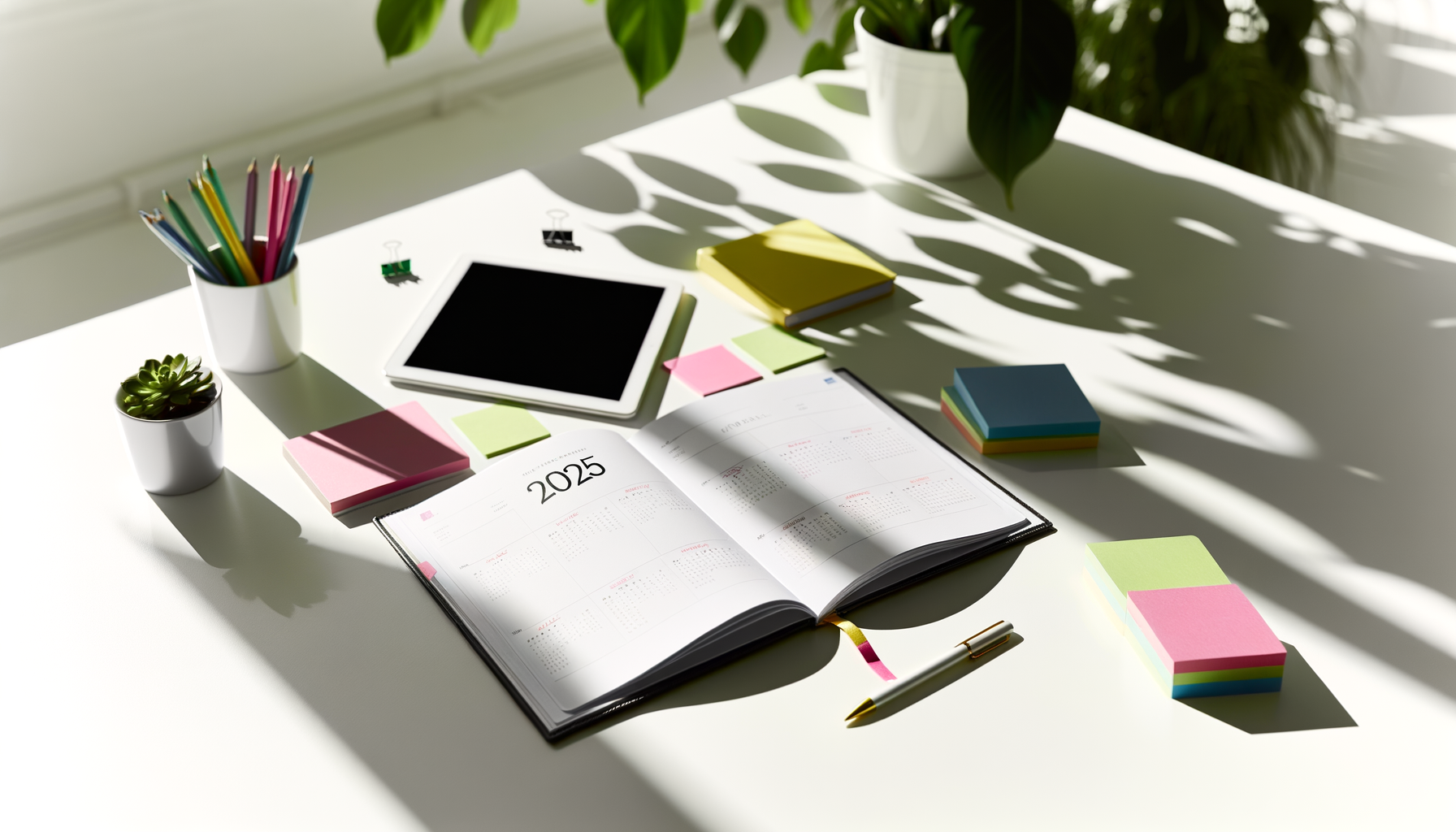 2025 planner printable with desk setup, colorful sticky notes, tablet, and stationery.