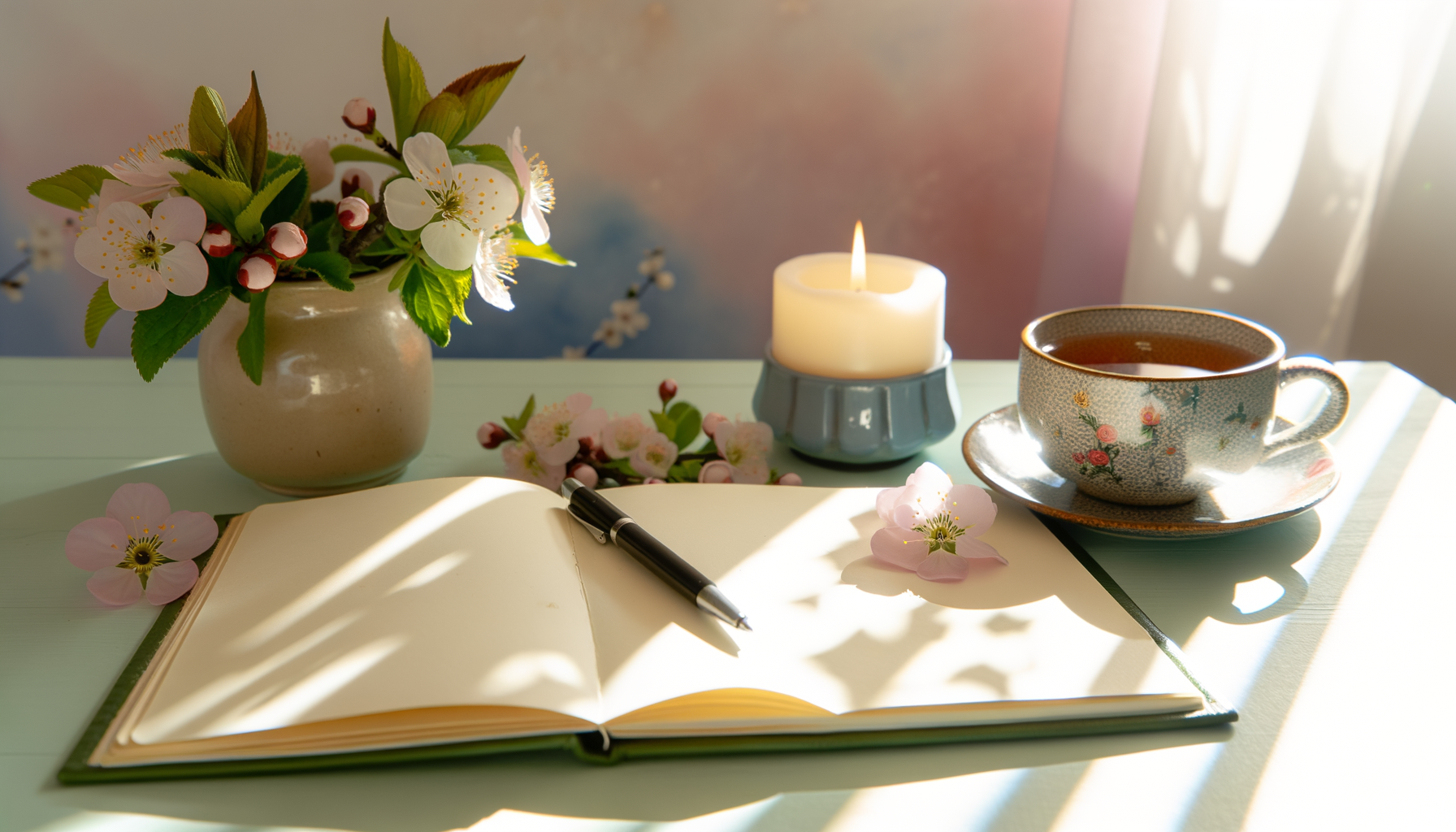 Manifestation journaling desk with flowers, tea, and candle for positive transformation and reflection.