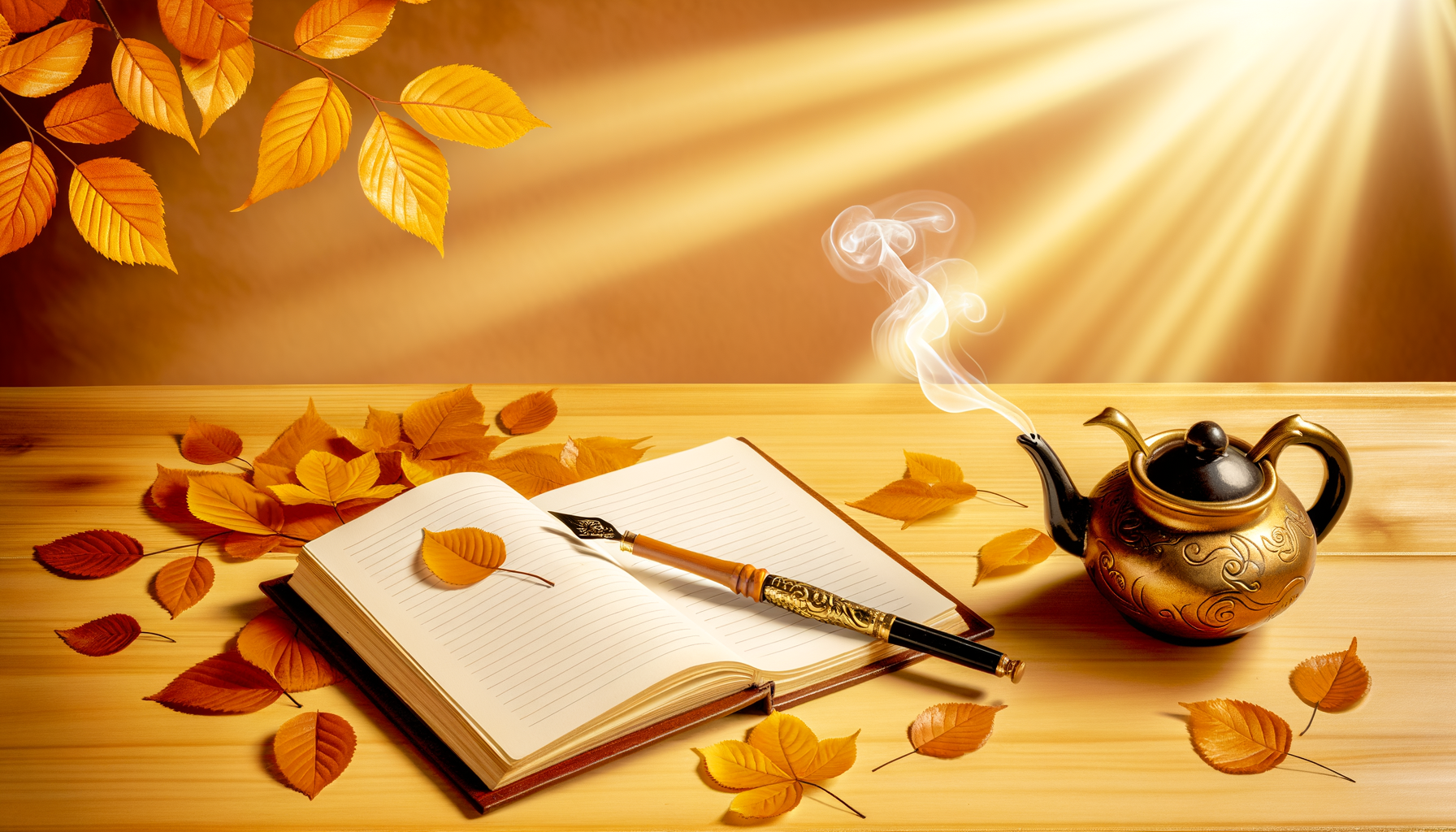 Cozy fall journaling nook with rustic desk, colorful leaves, tea, promoting self-discovery.