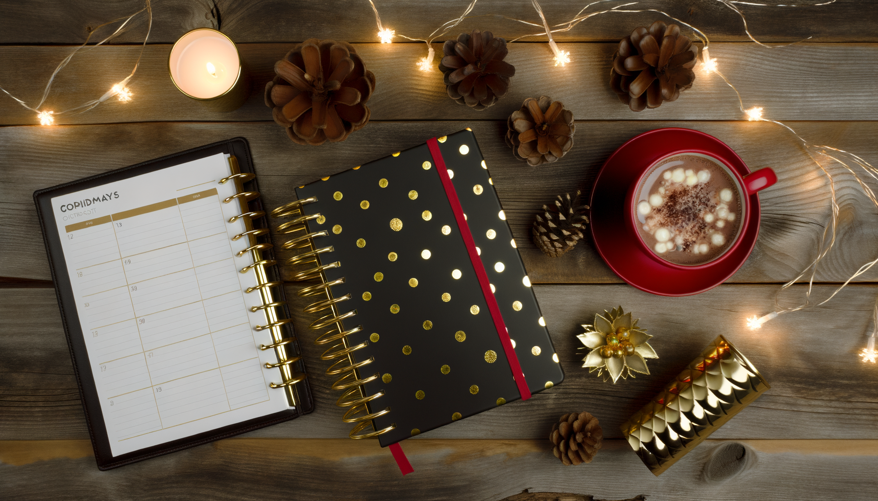 Stylish holiday planner printable with festive decorations on rustic desk setting.