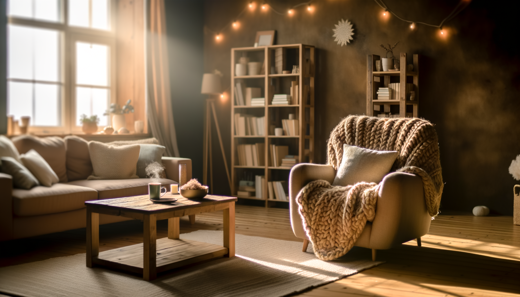 Cozy living room with knit throw, string lights, and bookshelf for home essentials blog.