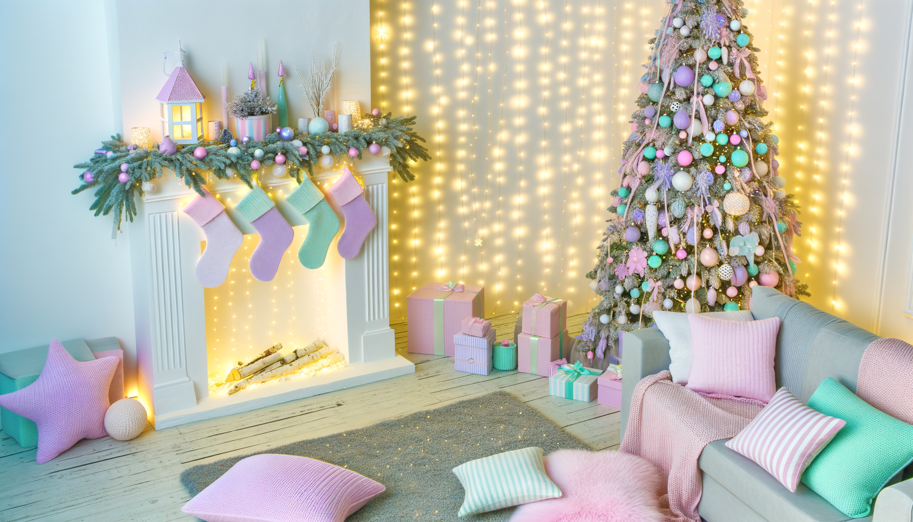 Pastel Christmas living room with tree, fireplace, and cozy decor for holiday vibes.
