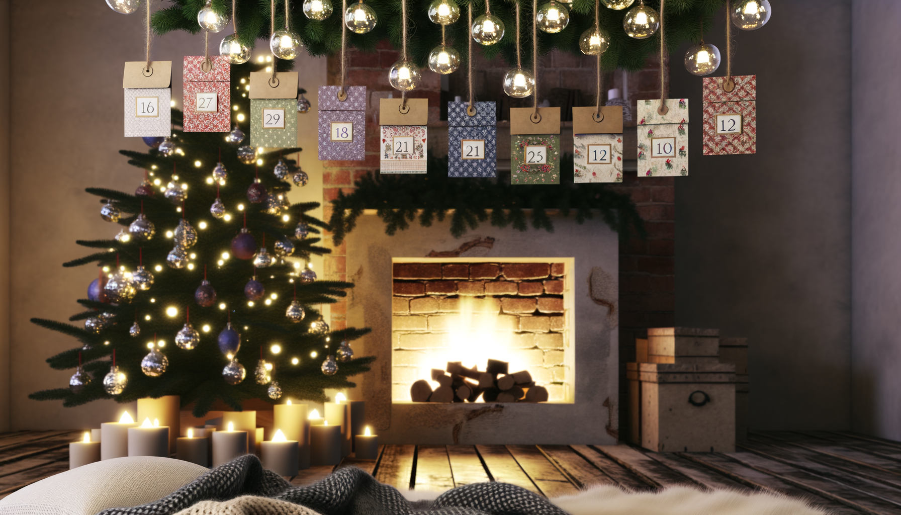 Cozy living room with printable advent calendars and festive decorations for holidays.