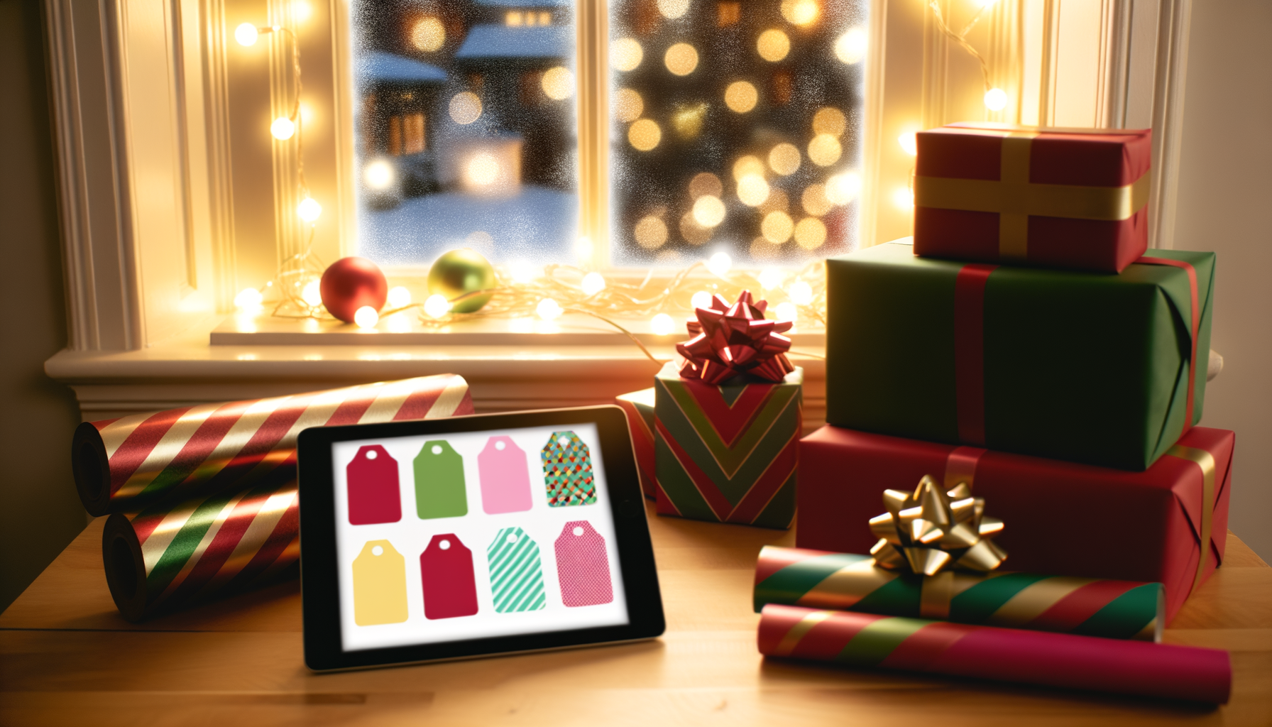 Holiday-themed workspace with digital gift tag designs and elegantly wrapped gifts.Digital Holiday Tags.