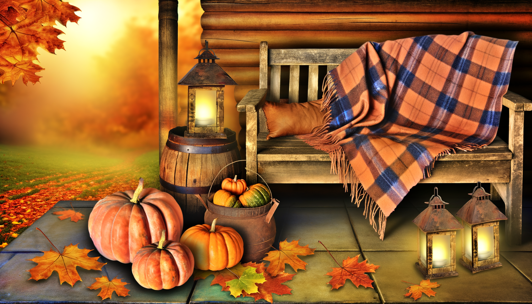 Cozy fall porch decor with pumpkins, blankets, lanterns, and autumn leaves at sunset.