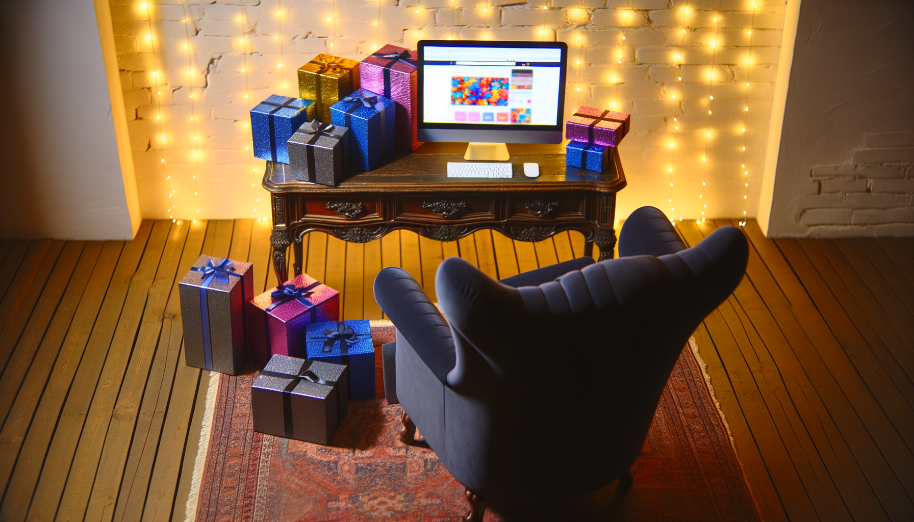 Ultimate Black Friday shopping haven with gifts, laptop, cozy armchair, and fairy lights.