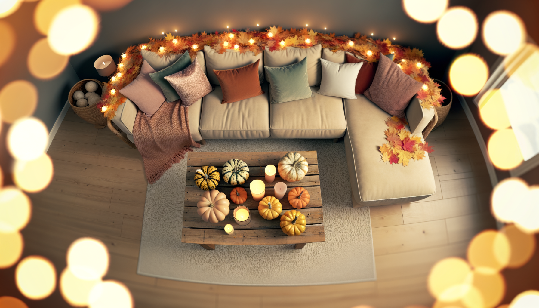 Cozy fall living room decor with autumn colors, pumpkins, candles, and string lights.