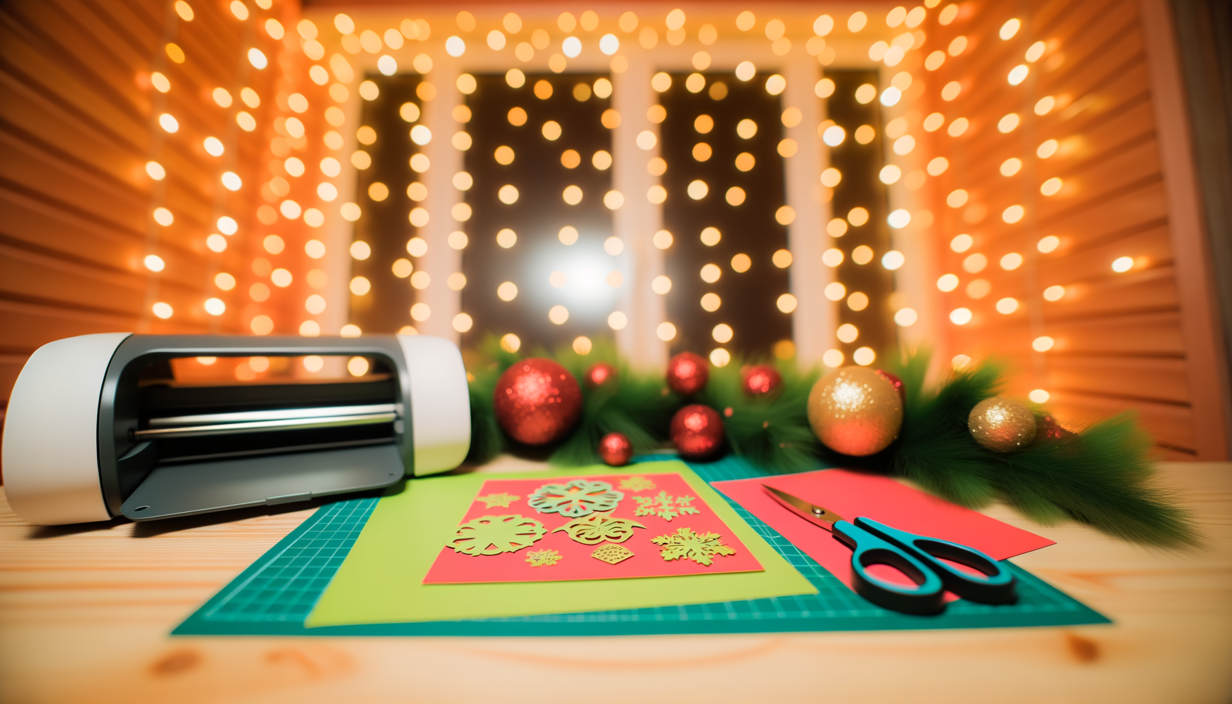 Cozy holiday crafting room with Cricut machine, festive supplies, and twinkling lights. SVG Bundle